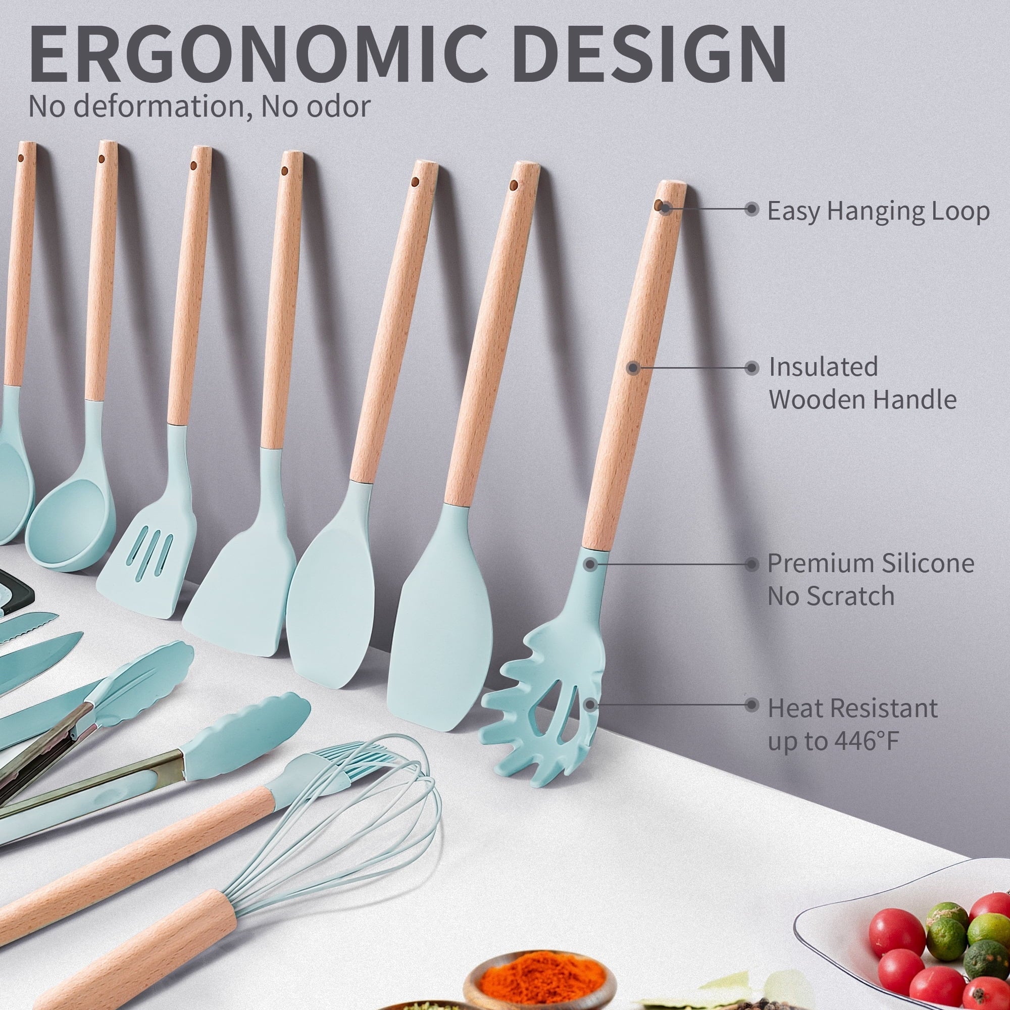 Durable Steel Silicone Kitchen Cooking Utensils Set, 19 Pieces Utensil with Holder, Heat Resistant, Green - Professional Kitchen Tool for Culinary Enthusiasts Detail