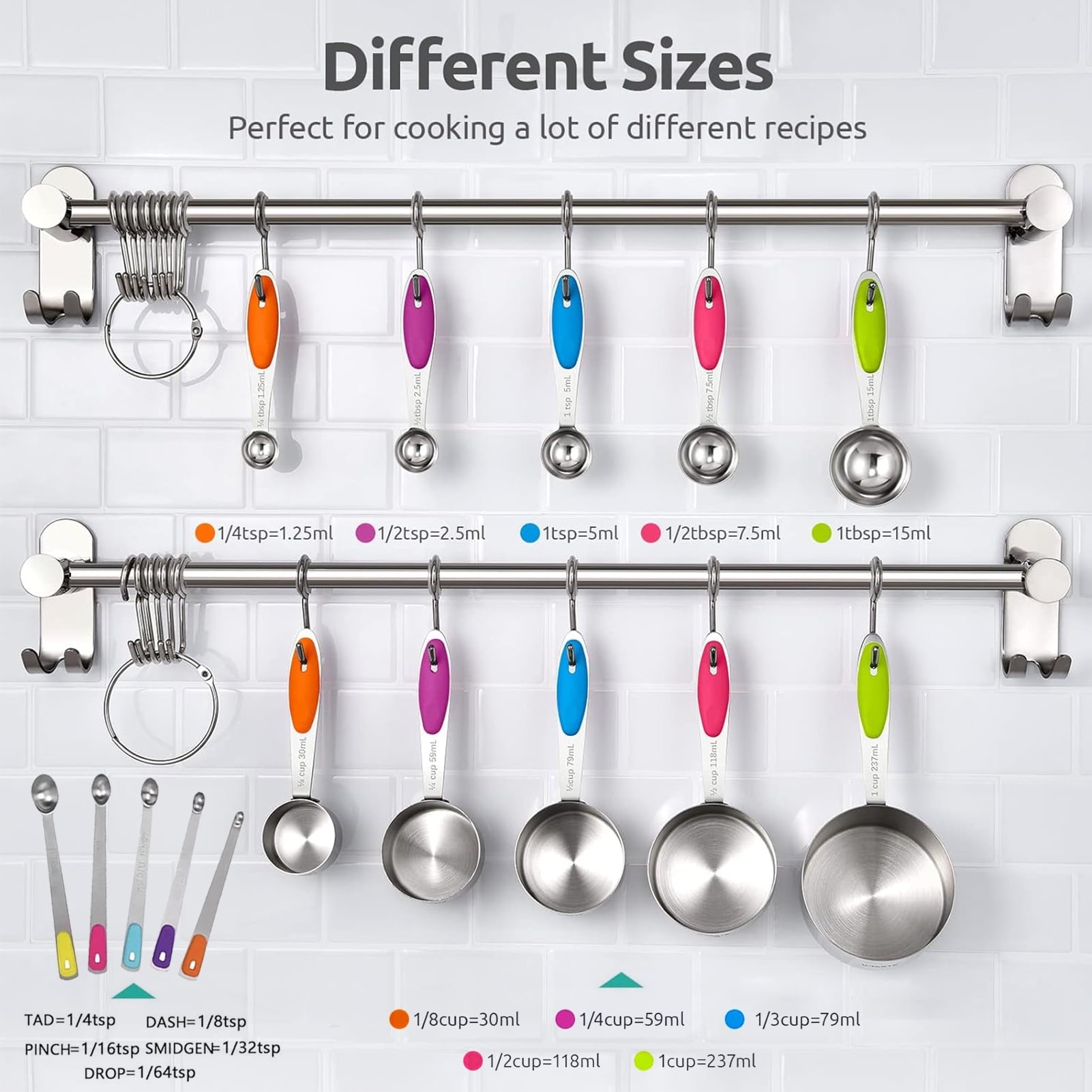 Chef-Quality Stainless Steel Measuring Cups and Spoons Set of 15, 5 Stainless Steel Nesting Measuring Cups & 5 Spoons, 5 Mini Meas... - Professional Kitchen Tool for Culinary Enthusiasts Detail