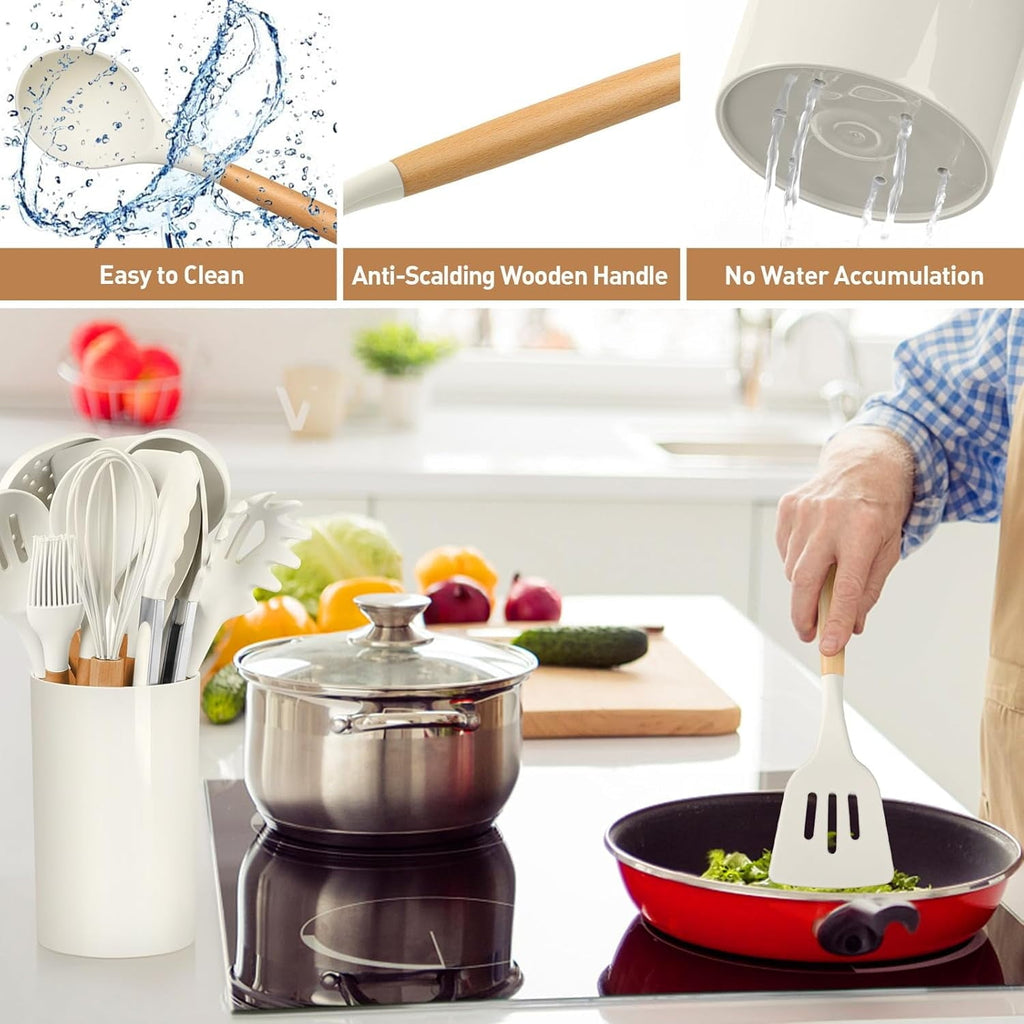 Non-Stick Safe Cooking Utensils Set, 12 packs Non-Stick Silicone Cooking Kitchen Utensils Spatula Set with Wooden Handles and... - Premium Stainless Steel Cooking Utensil for Non-Stick Pots Detail