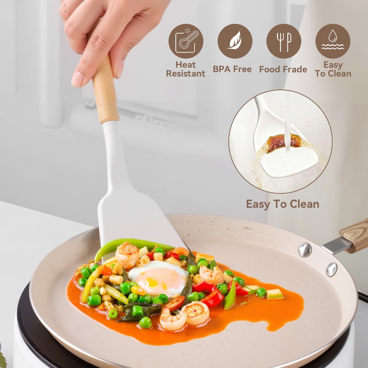 Heat-Resistant Kitchen Utensils Set for Cooking, 11 Cooking Utensils, 6 Knife set Beige,3 Utensil Sets,utensilios de cocina - Ergonomic Kitchen Tongs and Cooking Spoon Utensil Detail