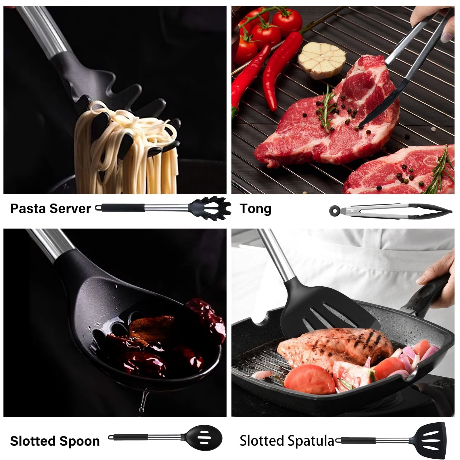 Ergonomic Cooking Silicone Cooking Utensils Set, 26 Pcs, Heat Resistant Kitchen Utensils Set, Black - Heat-Resistant Silicone Cooking Spatula Turner Detail