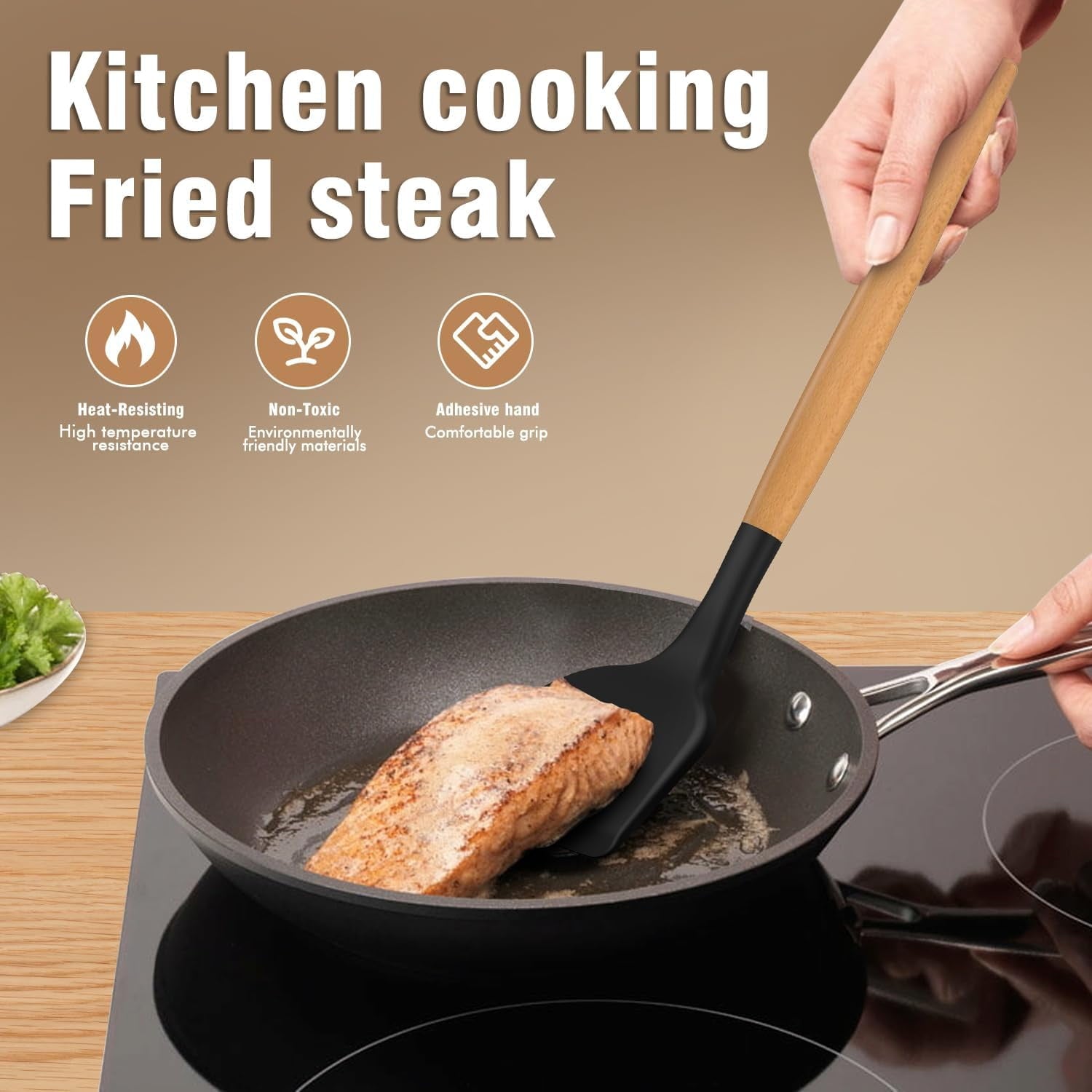 Ergonomic Cooking Silicone Cooking Utensils Set - Silicone Kitchen Utensils for Cooking Wooden Handles, 446°F Heat Resistant Kitchen Ut... - Heat-Resistant Silicone Cooking Spatula Turner Detail