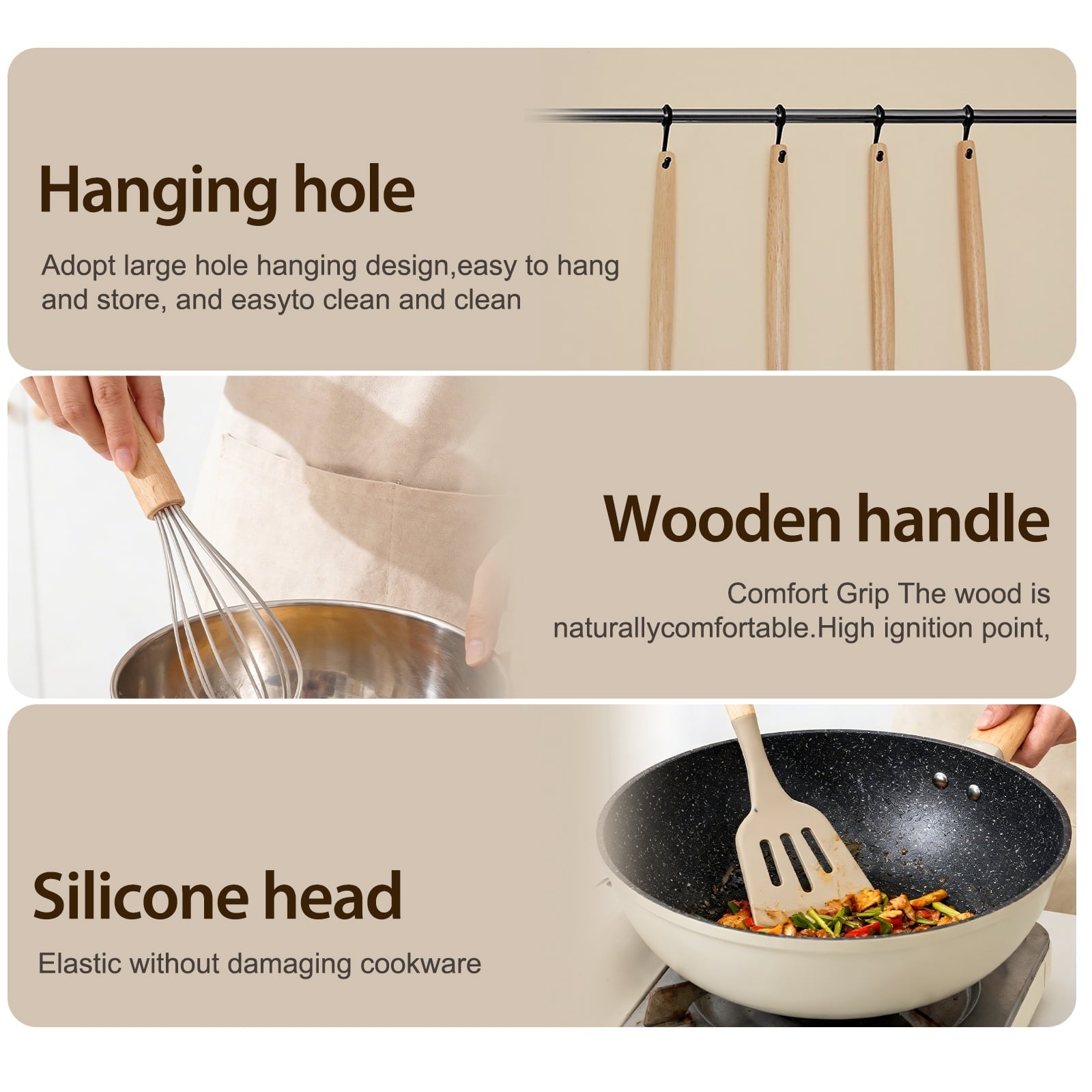 Premium Silicone Silicone Cooking Utensils Set, Heat Resistant Kitchen Tools, 36 PCS Non-Stick Silicone Cooking Kitchen Utensils, Khaki - Ergonomic Kitchen Tongs and Cooking Spoon Utensil Detail