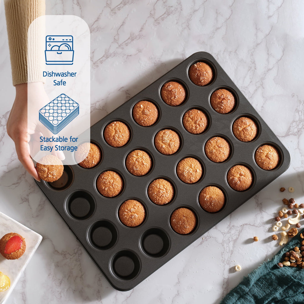 Premium Kitchen 24 Cavity Mini Muffin Pan, Non-Stick Bakeware,1.8 inch Diameter Cups,Gray,Carbon Steel - Kitchen Gadget Tool for Quick Food Prep Detail