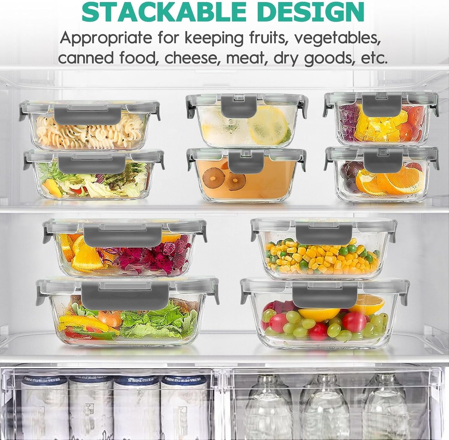 Playful Geometric 34pcs Glass Food Storage Containers with Lids Set, Airtight Meal Prep Containers (17 Containers & 17 Lids), Grey - Squishy Dohnut Sweet Treat Shaped Stress Toy Detail