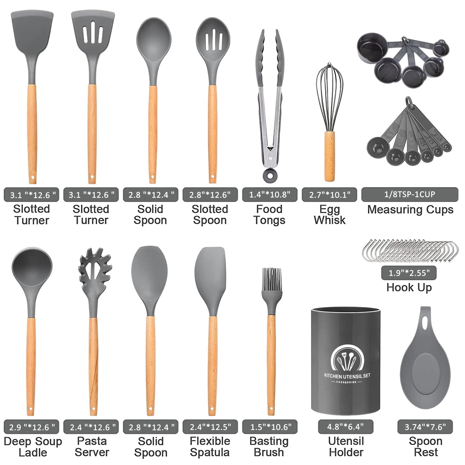 Heat-Resistant Silicone Cooking Utensils Set, 446°F Heat Resistant Wooden Handle Cooking Kitchen Utensils Spatula Set with Holder fo... - Durable Turner & Ladle Utensil Set for Home Chefs Detail
