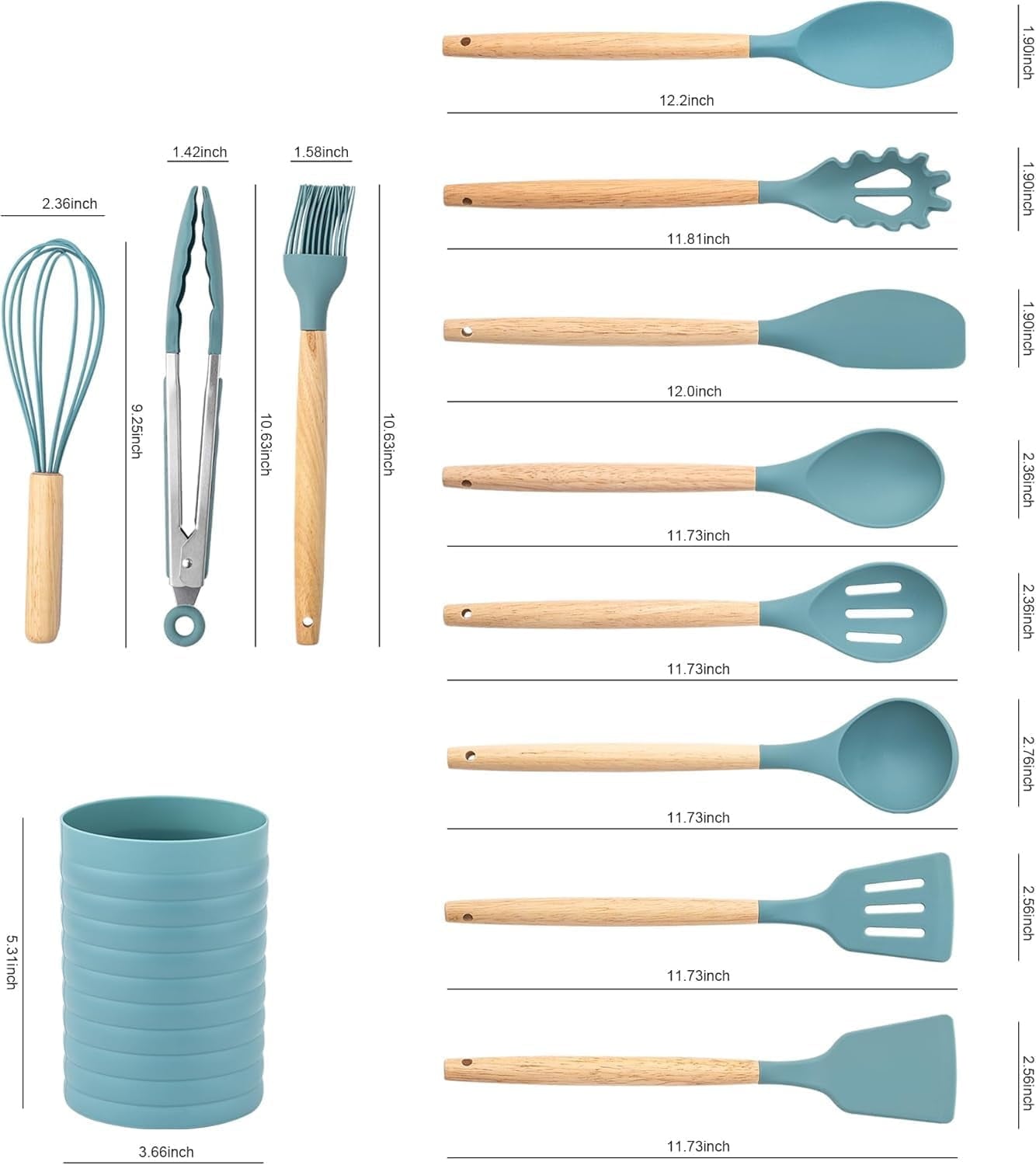 Seamless One-Piece Small Silicone Cooking Utensils with Holder Set (12Pack), Aqua Kitchen Tools with Wooden Handle for Nonstick... - Premium Stainless Steel Cooking Utensil for Non-Stick Pots Detail