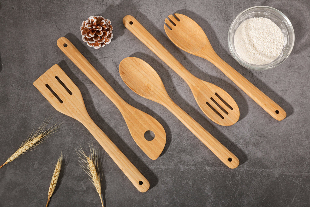 Professional Grade 5pk Bamboo Spoons for Cooking, Kitchen Essential Tools Set - Multi-Purpose Hand Tool for Daily Meal Prep Detail