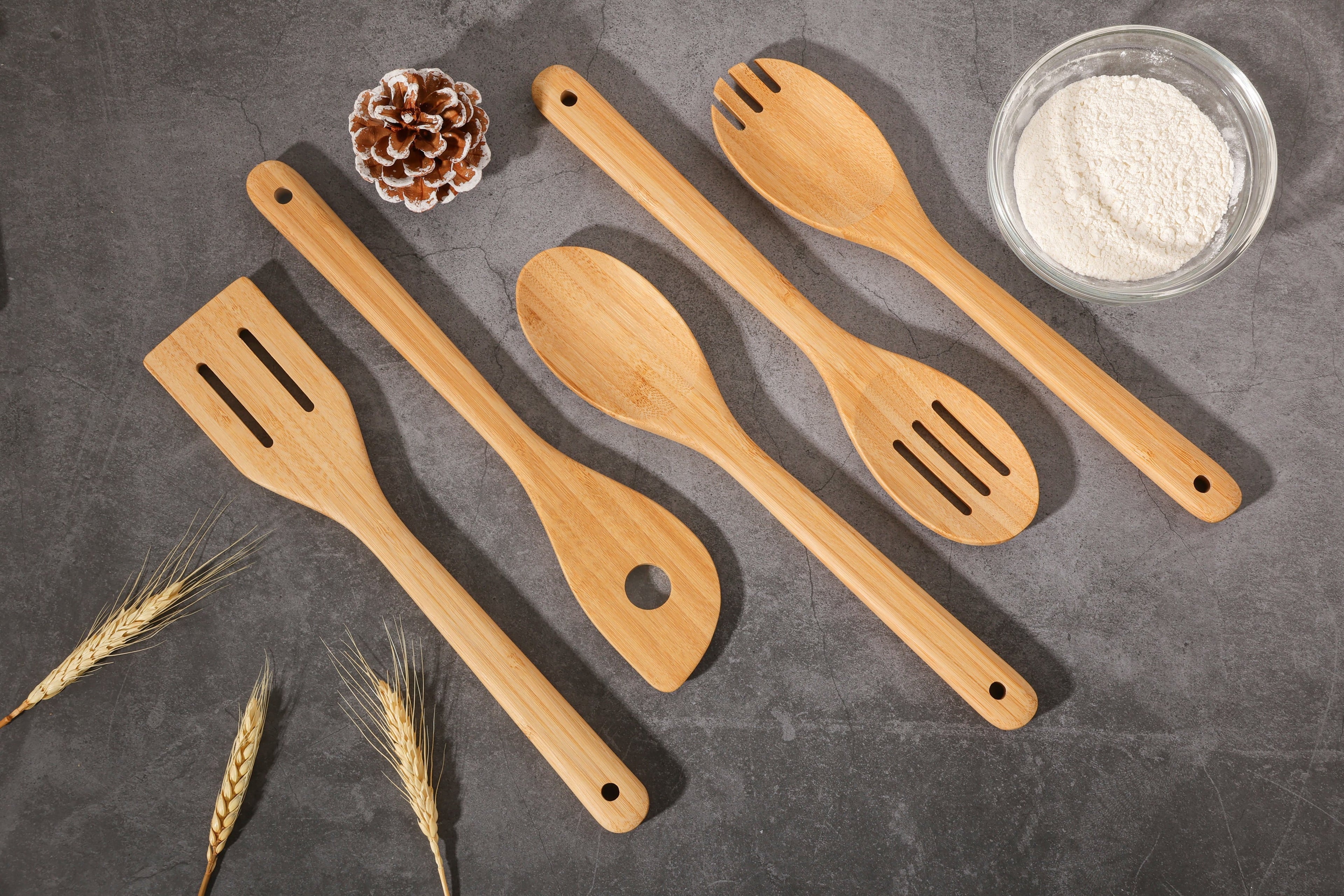 Professional Grade 5pk Bamboo Spoons for Cooking, Kitchen Essential Tools Set - Multi-Purpose Hand Tool for Daily Meal Prep Detail