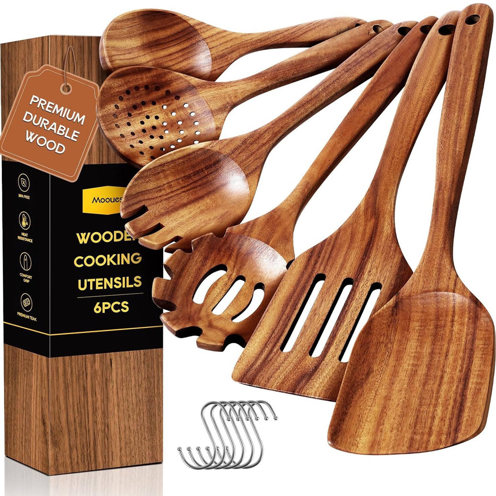 Ergonomic Cooking 6-Piece Natural Teak Wooden Spoons for Cooking With 10 Hooks，Handcrafted Kitchen Utensils Set ，Ideal Gift Set - Heat-Resistant Silicone Cooking Spatula Turner - Default Title
