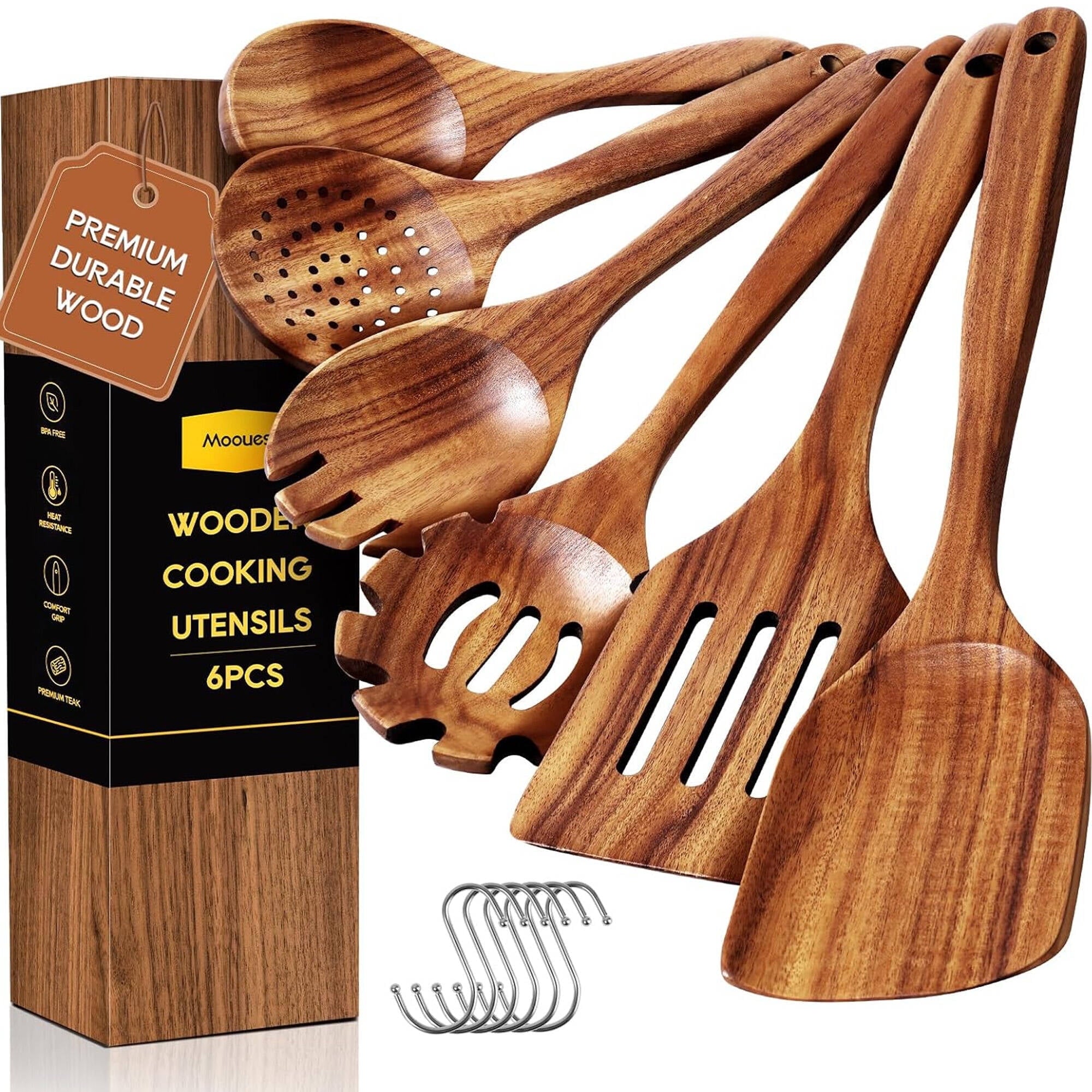 Ergonomic Cooking 6-Piece Natural Teak Wooden Spoons for Cooking With 10 Hooks，Handcrafted Kitchen Utensils Set ，Ideal Gift Set - Heat-Resistant Silicone Cooking Spatula Turner - Default Title