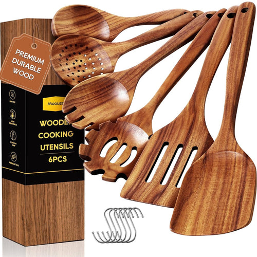 Ergonomic Cooking 6-Piece Natural Teak Wooden Spoons for Cooking With 10 Hooks，Handcrafted Kitchen Utensils Set ，Ideal Gift Set - Heat-Resistant Silicone Cooking Spatula Turner - Default Title