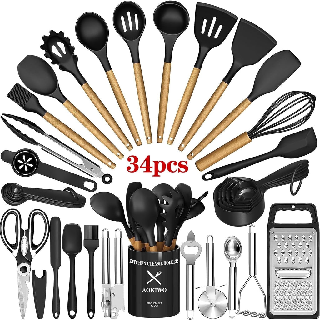 Seamless One-Piece Kitchen Utensil Set, 34Pieces Silicone Cooking Utensil Set with Wooden Handle, Heat Resistant Spatula Set Gadg... - Heat-Resistant Silicone Cooking Spatula Turner - Default Title