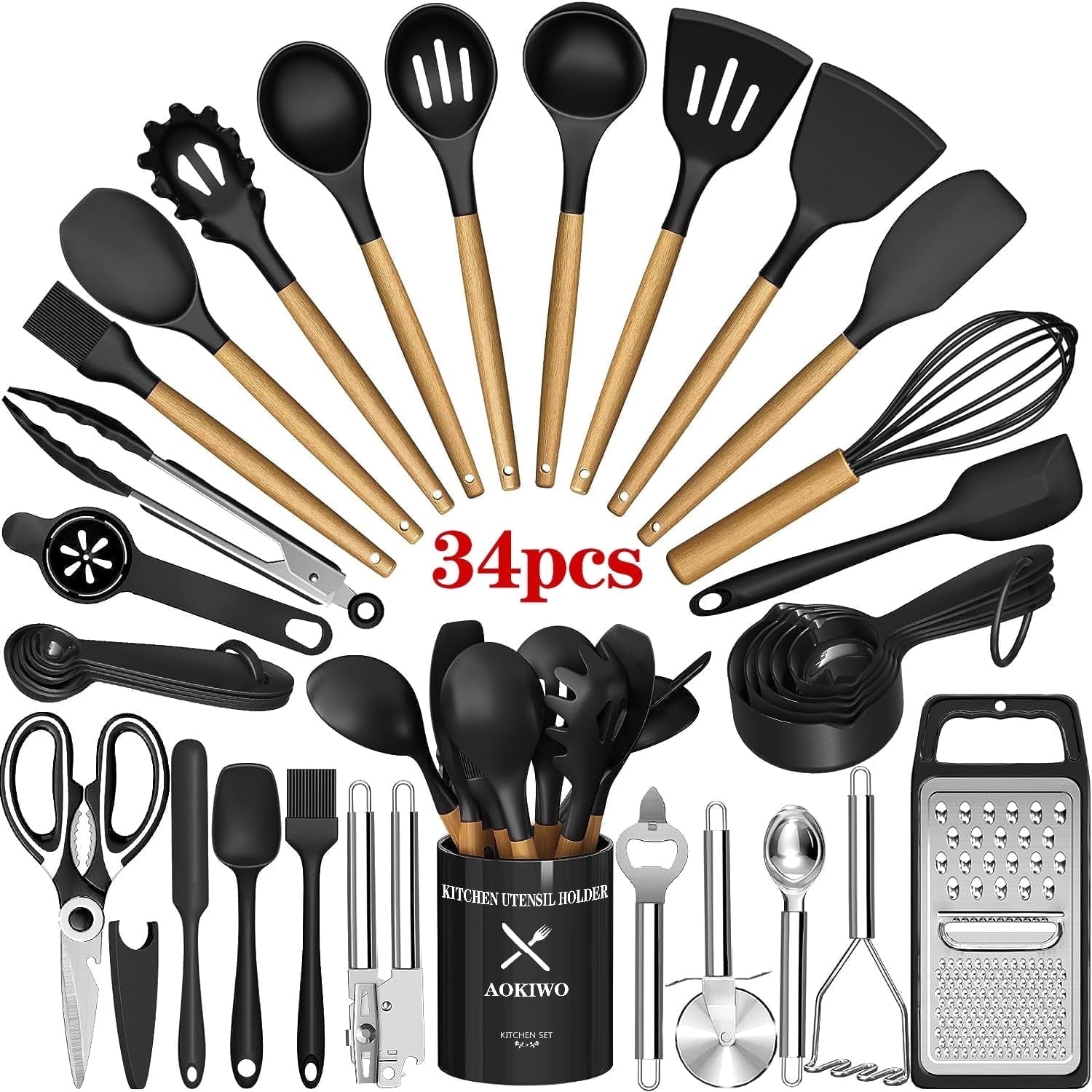 Seamless One-Piece Kitchen Utensil Set, 34Pieces Silicone Cooking Utensil Set with Wooden Handle, Heat Resistant Spatula Set Gadg... - Heat-Resistant Silicone Cooking Spatula Turner - Default Title