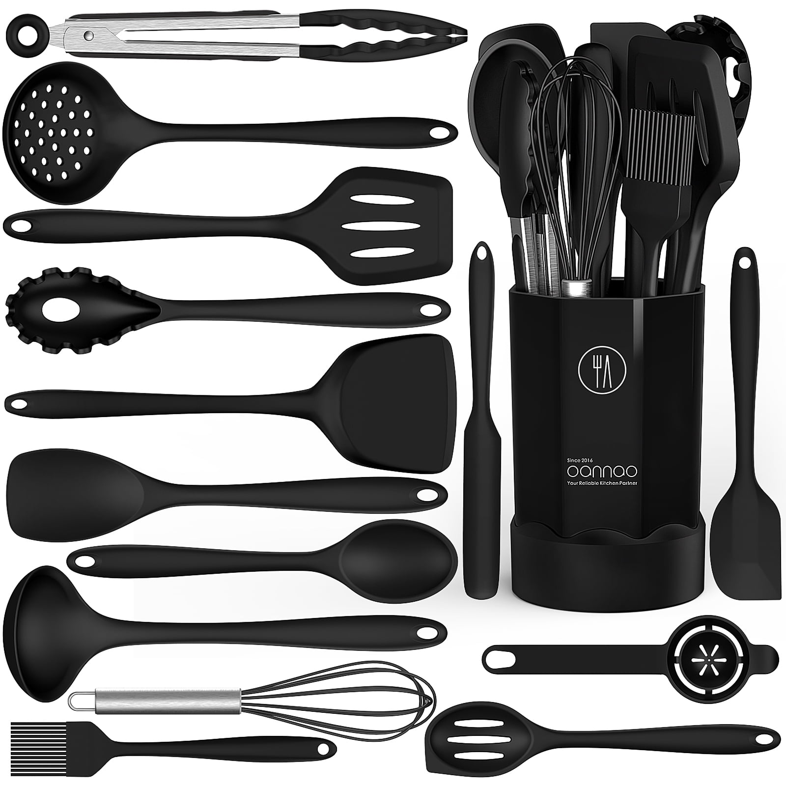 Premium Silicone Silicone Cooking Utensils Set - 446°F Heat Resistant Kitchen Utensils,Turner Tongs,Spatula,Spoon,Brush,Whisk,Ki... - Ergonomic Kitchen Tongs and Cooking Spoon Utensil - Default Title