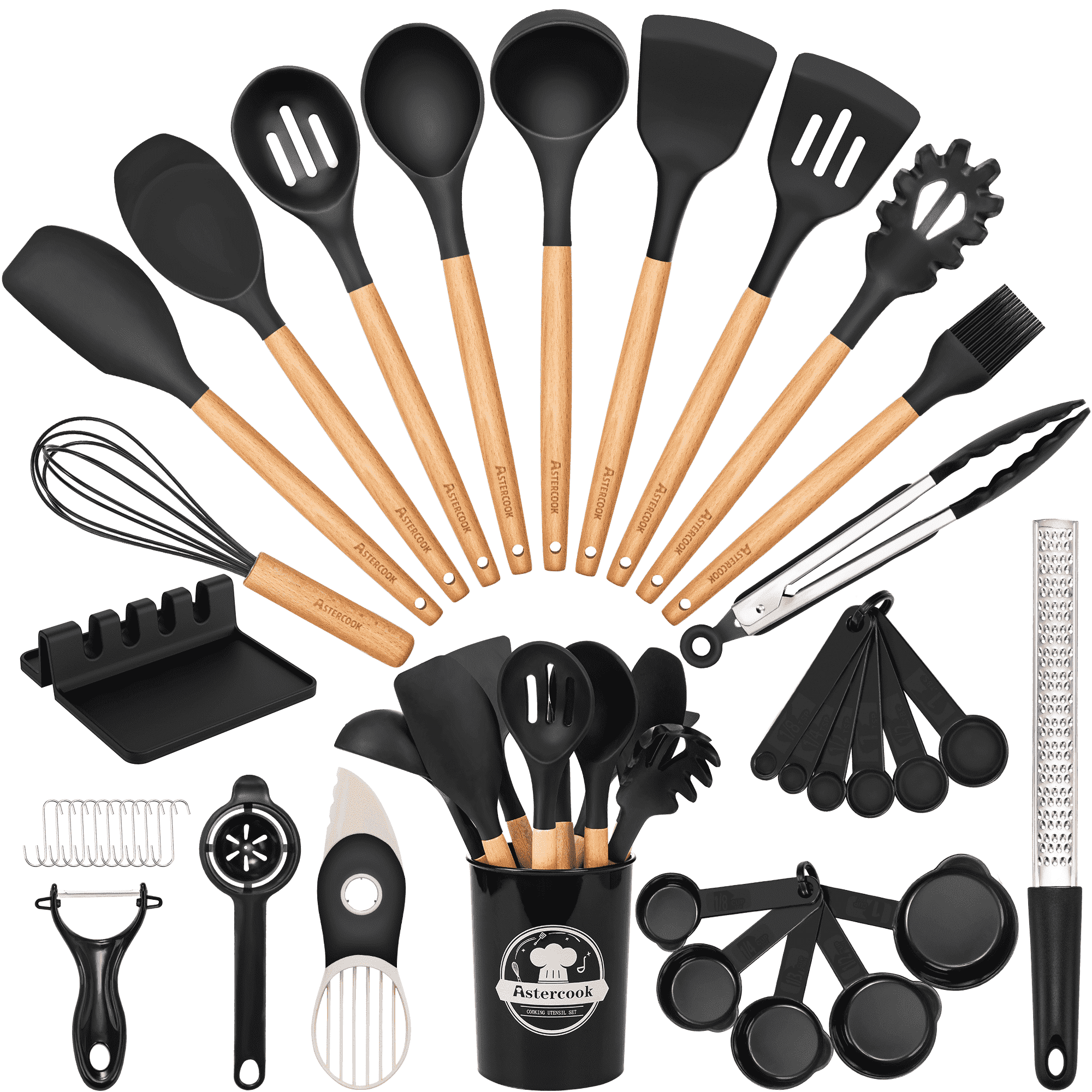 Ergonomic Cooking Silicone Cooking Utensils Set, 38 PCS Kitchen Utensils Set for 446°F Heat Resistant, Food Grade Utensil Sets with Woo... - Ergonomic Kitchen Tongs and Cooking Spoon Utensil - Default Title