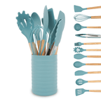 Seamless One-Piece Small Silicone Cooking Utensils with Holder Set (12Pack), Aqua Kitchen Tools with Wooden Handle for Nonstick... - Premium Stainless Steel Cooking Utensil for Non-Stick Pots - Default Title