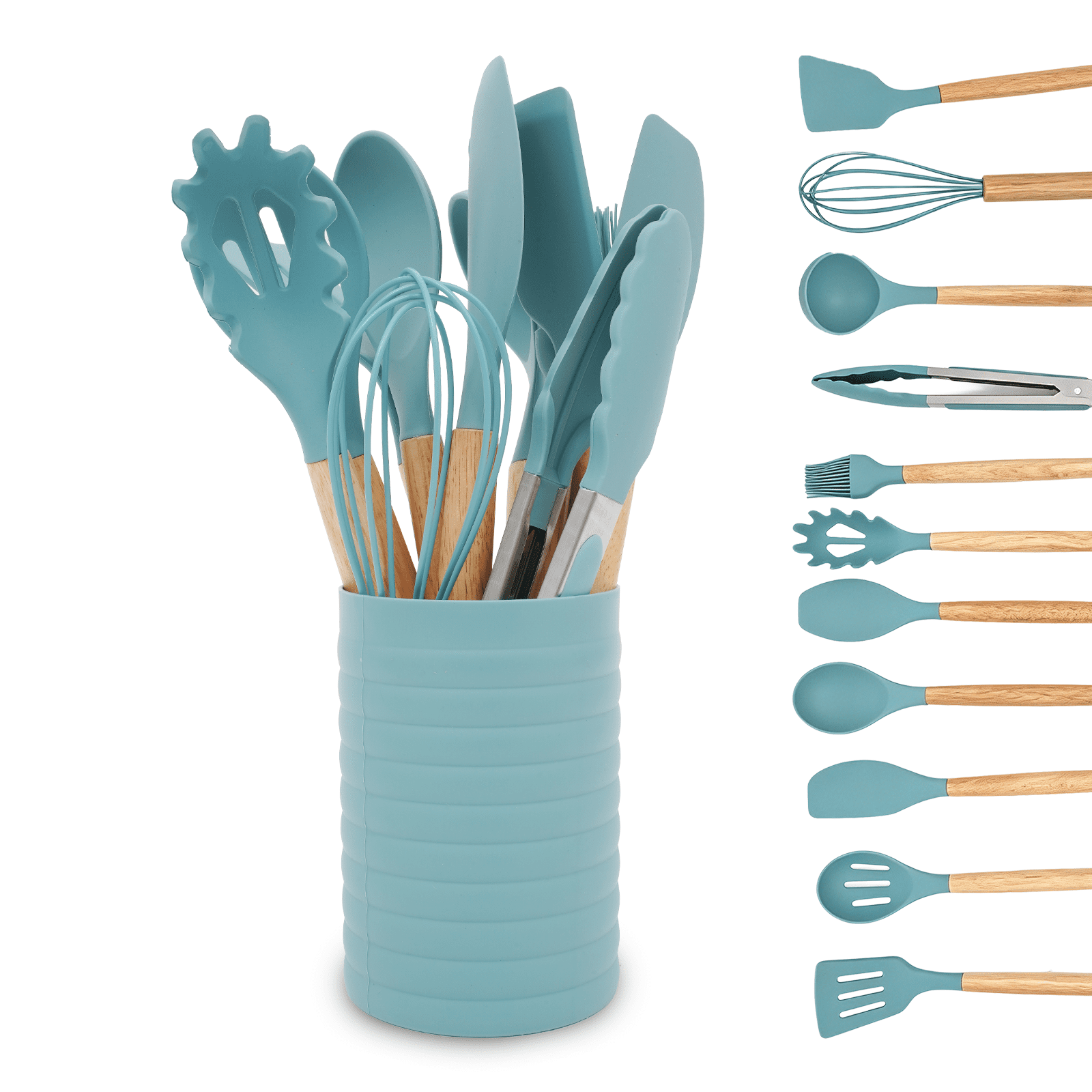 Seamless One-Piece Small Silicone Cooking Utensils with Holder Set (12Pack), Aqua Kitchen Tools with Wooden Handle for Nonstick... - Premium Stainless Steel Cooking Utensil for Non-Stick Pots - Default Title