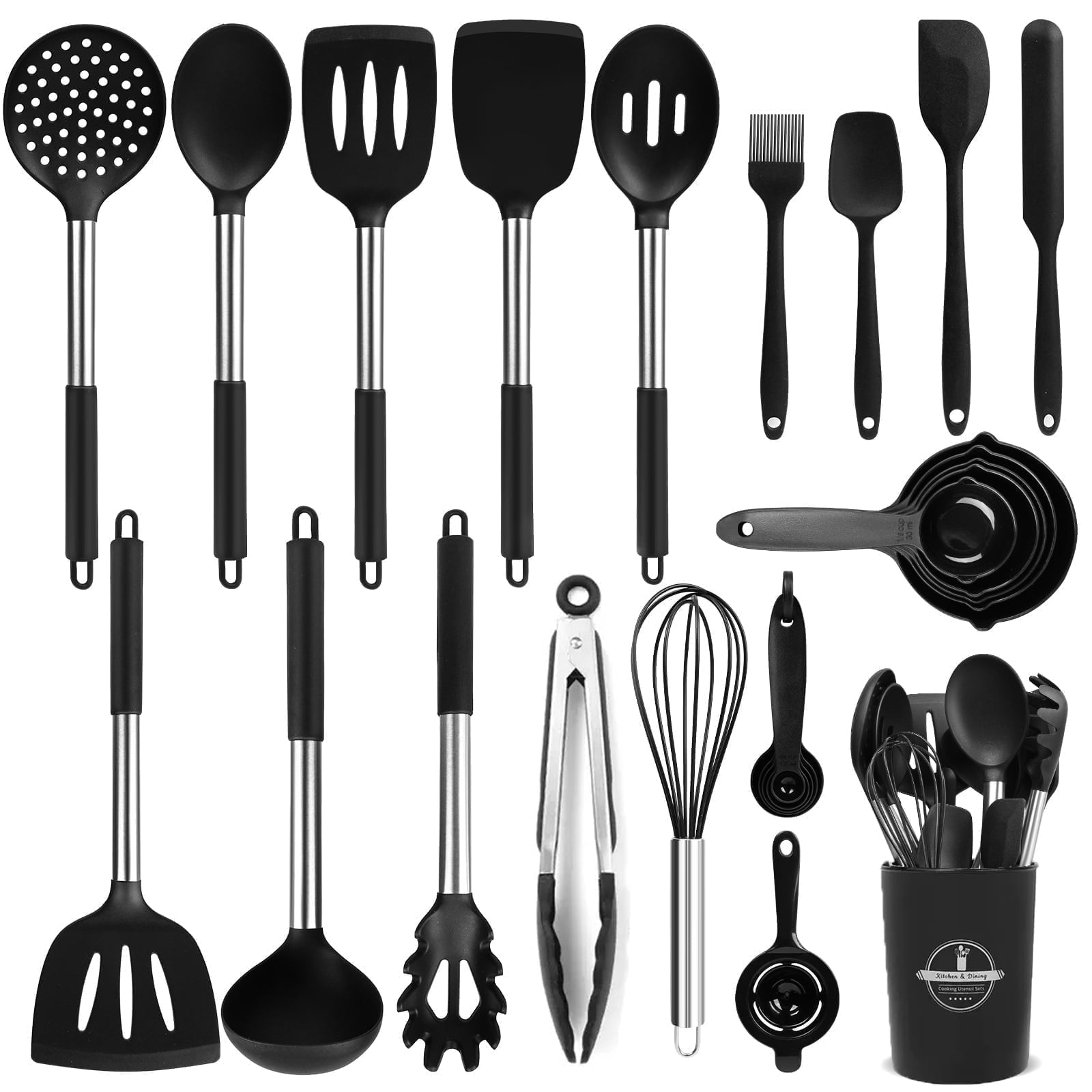 Ergonomic Cooking Silicone Cooking Utensils Set, 26 Pcs, Heat Resistant Kitchen Utensils Set, Black - Heat-Resistant Silicone Cooking Spatula Turner - Default Title