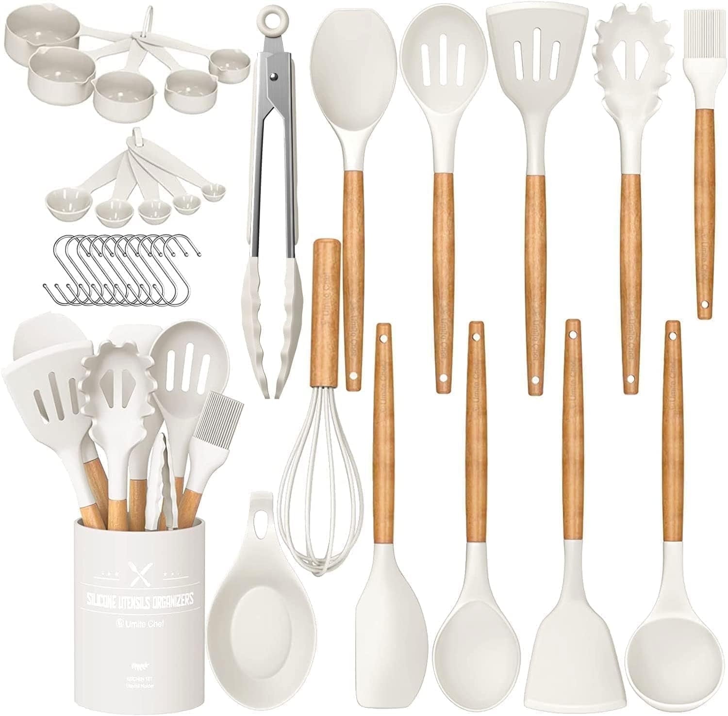 Seamless One-Piece Kitchen Cooking Utensils Set, 33 pcs Non-stick Silicone Cooking Kitchen Utensils Spatula Set with Holder, Wooden Hand... - Ergonomic Kitchen Tongs and Cooking Spoon Utensil - Default Title