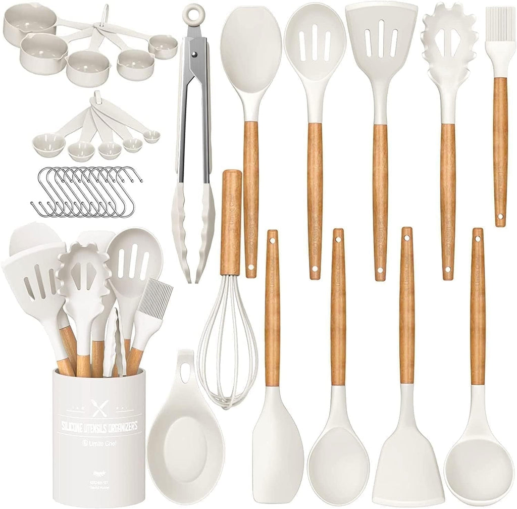 Heavy Duty Kitchen Cooking Utensils Set, 33 pcs Non-stick Silicone Cooking Kitchen Utensils Spatula Set with Holder, Wooden Hand... - Multi-Purpose Hand Tool for Daily Meal Prep - Default Title