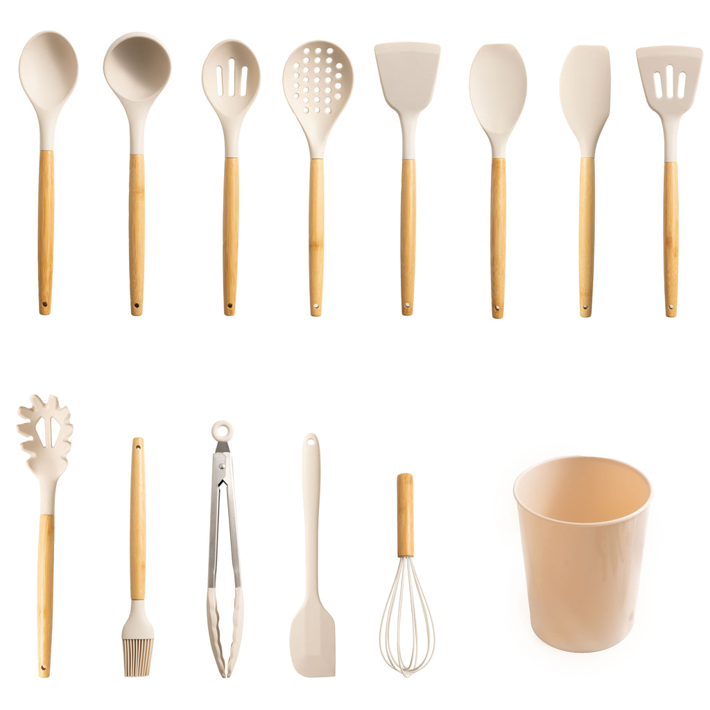 Heat-Resistant Silicone & Bamboo Cooking Utensil Set, 14 Pieces - Premium Stainless Steel Cooking Utensil for Non-Stick Pots - Default Title