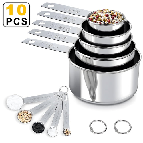 Ergonomic Cooking Measuring Cups and Spoons Set of 10, 5 Stainless Steel Cups and 5 Spoons for Kitchen Cooking Baking - Premium Stainless Steel Cooking Utensil for Non-Stick Pots - Default Title