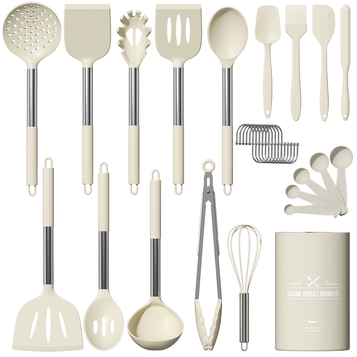 Seamless One-Piece Silicone Cooking Utensil Set, 30 Pcs Kitchen Utensils Set with Stainless Steel Handle, Food Grade Silicone Spatula Se... - Ergonomic Kitchen Tongs and Cooking Spoon Utensil - Default Title