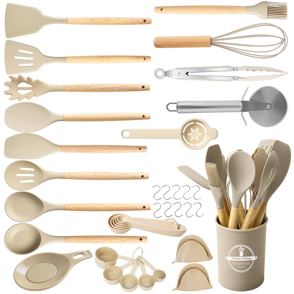 Premium Silicone Silicone Cooking Utensils Set, Heat Resistant Kitchen Tools, 36 PCS Non-Stick Silicone Cooking Kitchen Utensils, Khaki - Ergonomic Kitchen Tongs and Cooking Spoon Utensil - Default Title