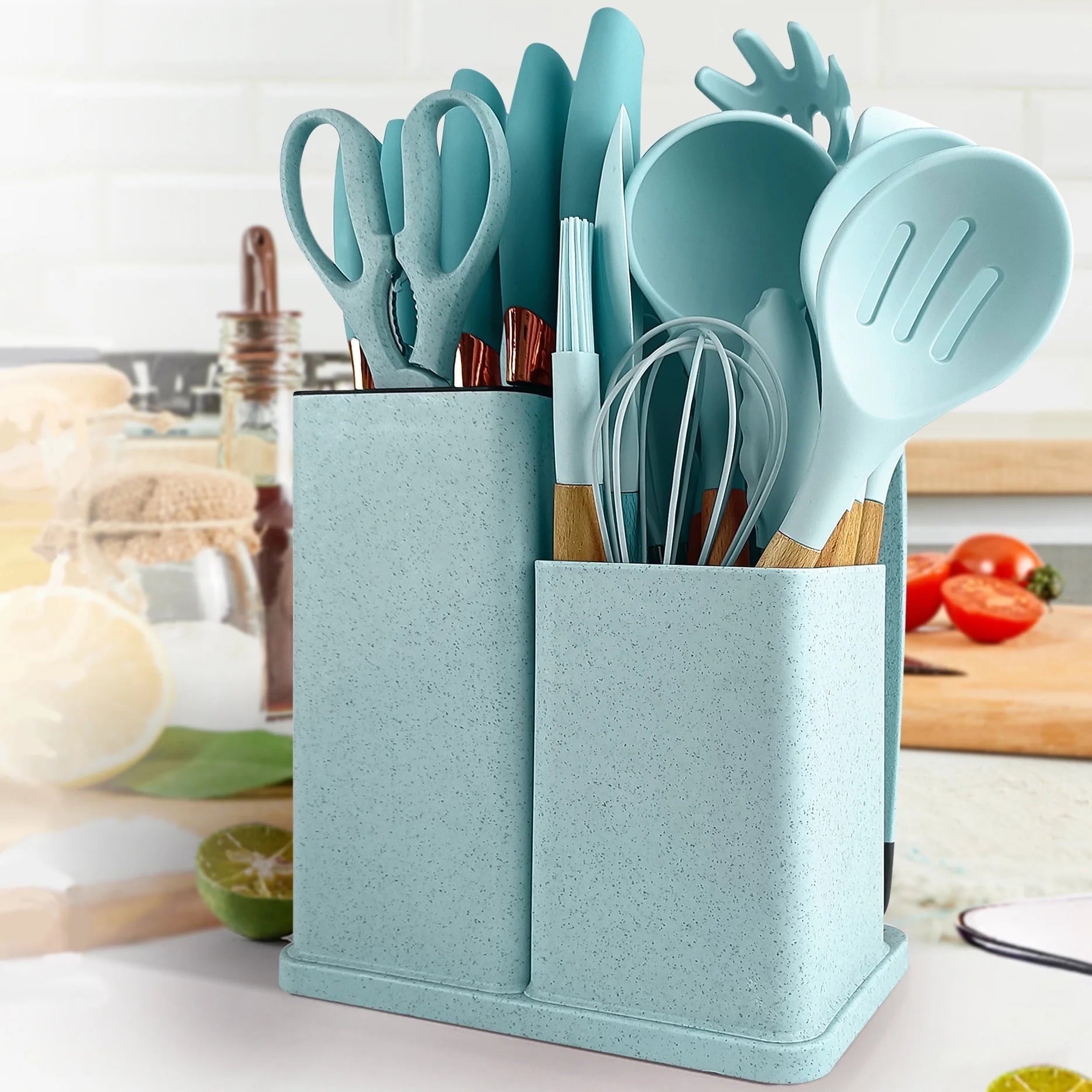 Seamless One-Piece Silicone Kitchen Cooking Utensils Set, 19 Pieces Utensil with Holder, Heat Resistant, Green - Heat-Resistant Silicone Cooking Spatula Turner - Default Title