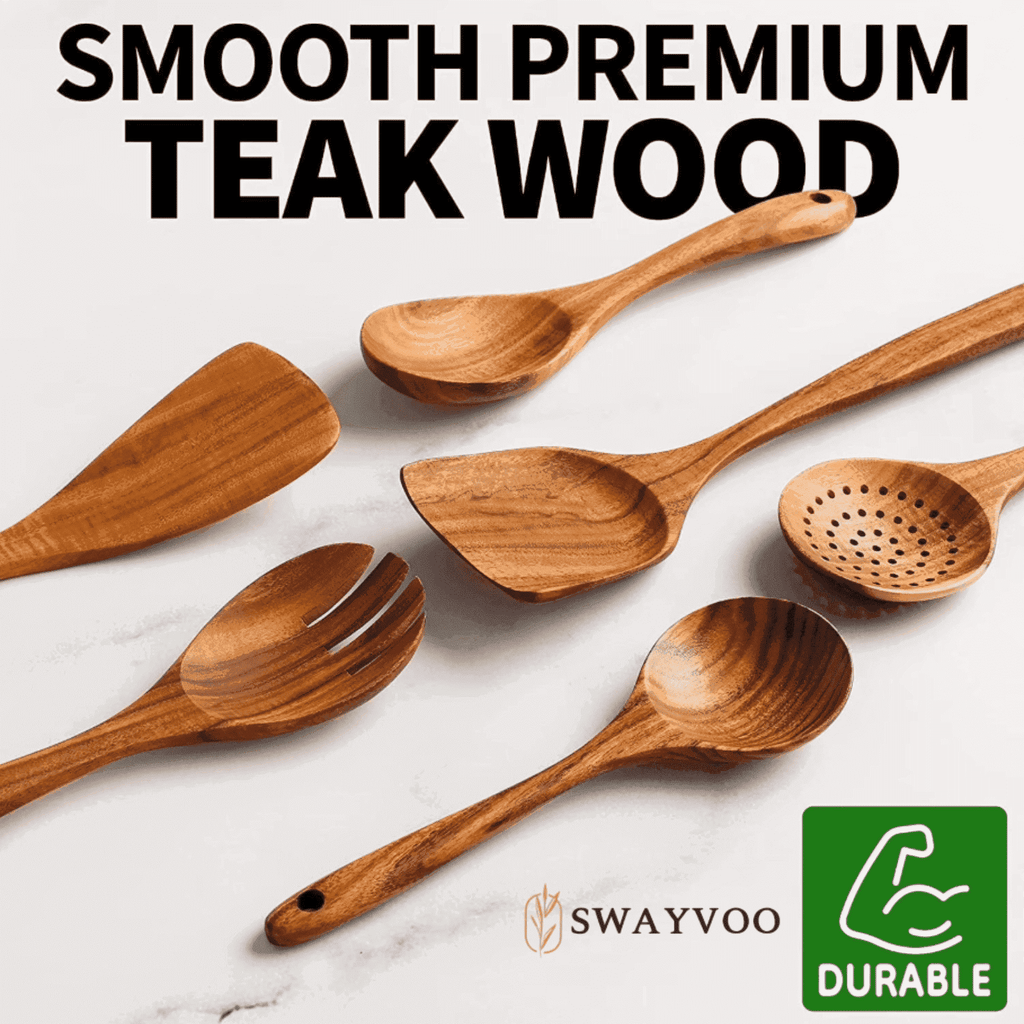 Non-Stick Safe Wooden Spoons for Cooking, 6-Piece 100% Natural Teak Wooden Utensils for Cooking — Heat Resistant, Non-Stick ... - Ergonomic Kitchen Tongs and Cooking Spoon Utensil - Default Title