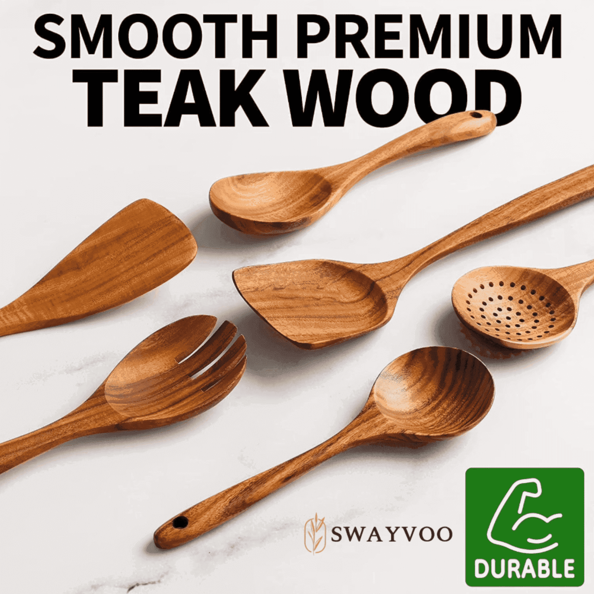 Non-Stick Safe Wooden Spoons for Cooking, 6-Piece 100% Natural Teak Wooden Utensils for Cooking — Heat Resistant, Non-Stick ... - Ergonomic Kitchen Tongs and Cooking Spoon Utensil - Default Title