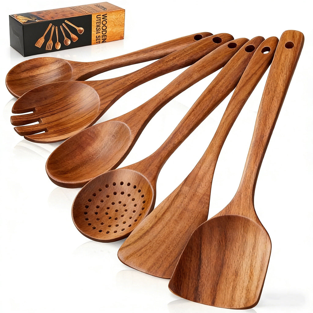 Ergonomic Cooking Wooden Spoons for Cooking, 6 PCS Teak Wood Cooking Utensil Set, Wooden Kitchen Utensils for Nonstick Pans & Cookware,... - Premium Stainless Steel Cooking Utensil for Non-Stick Pots - Default Title