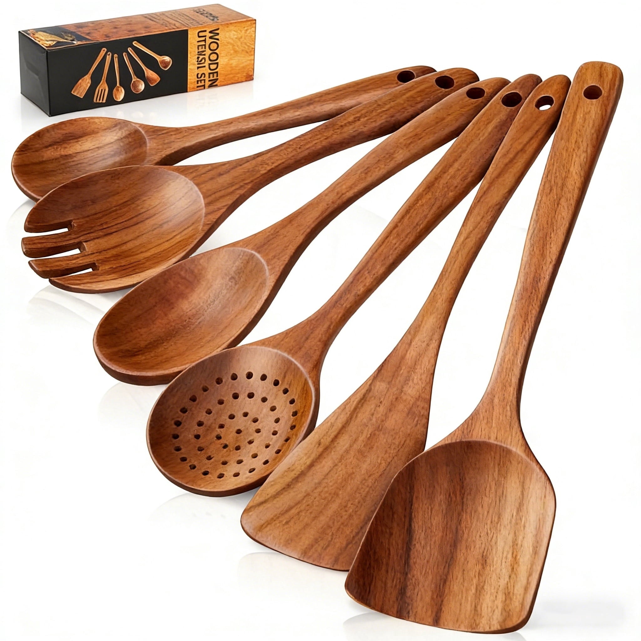 Ergonomic Cooking Wooden Spoons for Cooking, 6 PCS Teak Wood Cooking Utensil Set, Wooden Kitchen Utensils for Nonstick Pans & Cookware,... - Premium Stainless Steel Cooking Utensil for Non-Stick Pots - Default Title