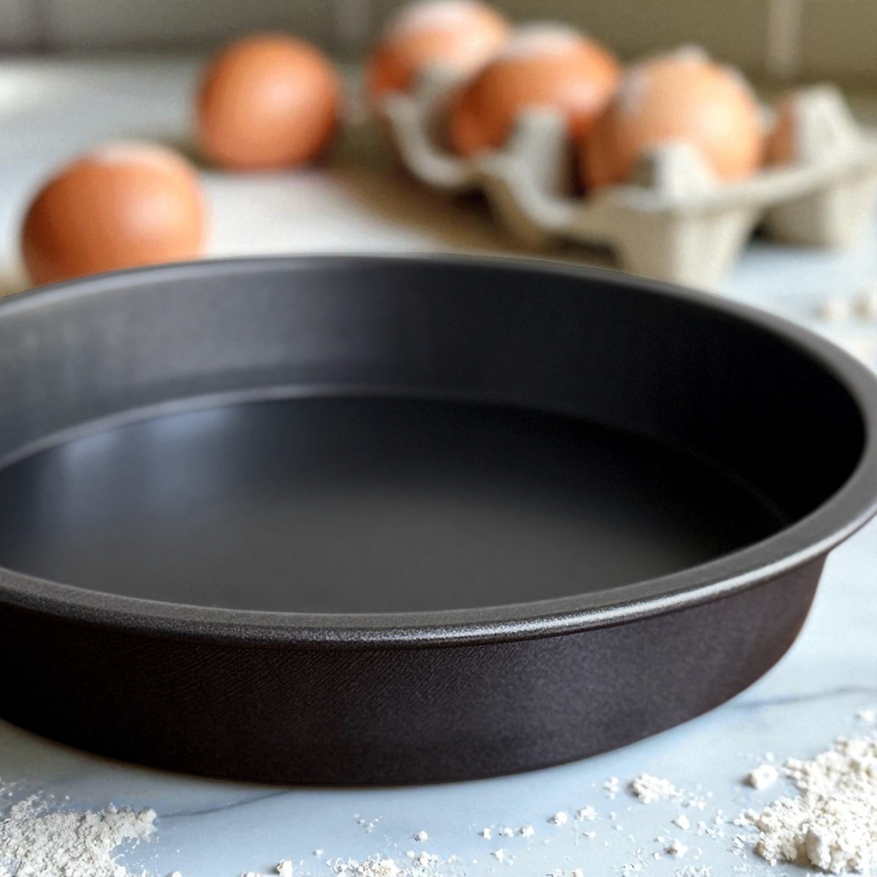 Premium Kitchen 9" x 9" Round Nonstick Steel Cake Pan, Dark Gray - Premium Stainless Steel Garlic Presser & Peeler Detail