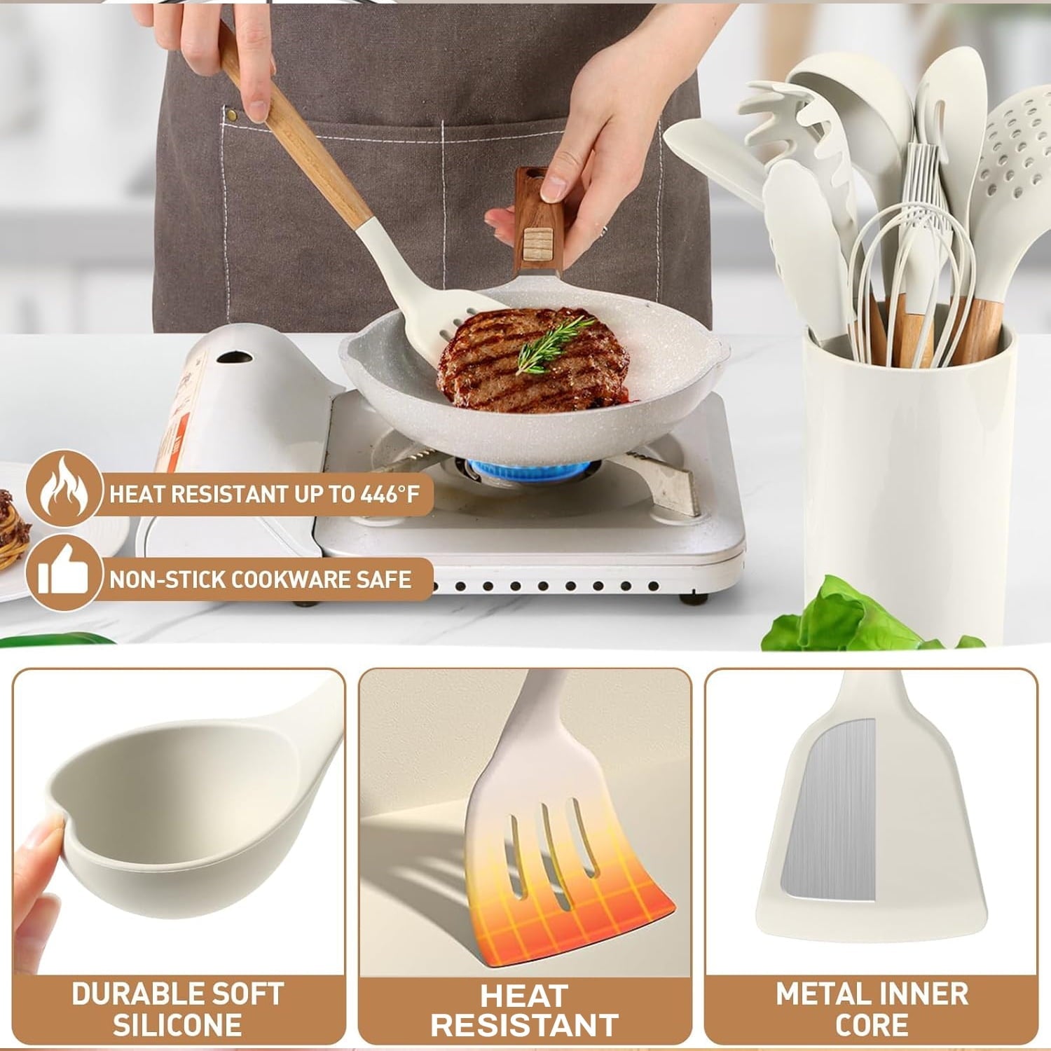Non-Stick Safe Cooking Utensils Set, 12 packs Non-Stick Silicone Cooking Kitchen Utensils Spatula Set with Wooden Handles and... - Premium Stainless Steel Cooking Utensil for Non-Stick Pots Detail