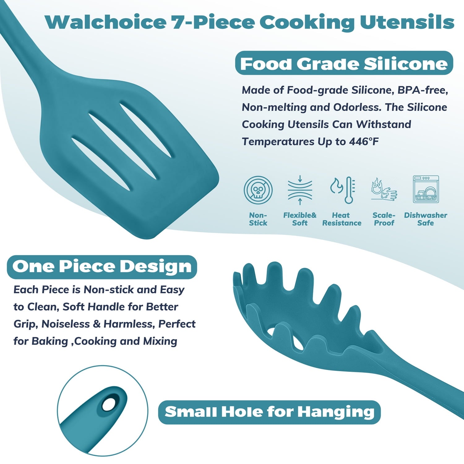 High-Precision 7-Piece Silicone Cooking Utensils Set, Blue Kitchen Utensils, Non-stick Gadgets Tools Include Slotted Turner, Soup La... - Multi-Purpose Hand Tool for Daily Meal Prep Detail