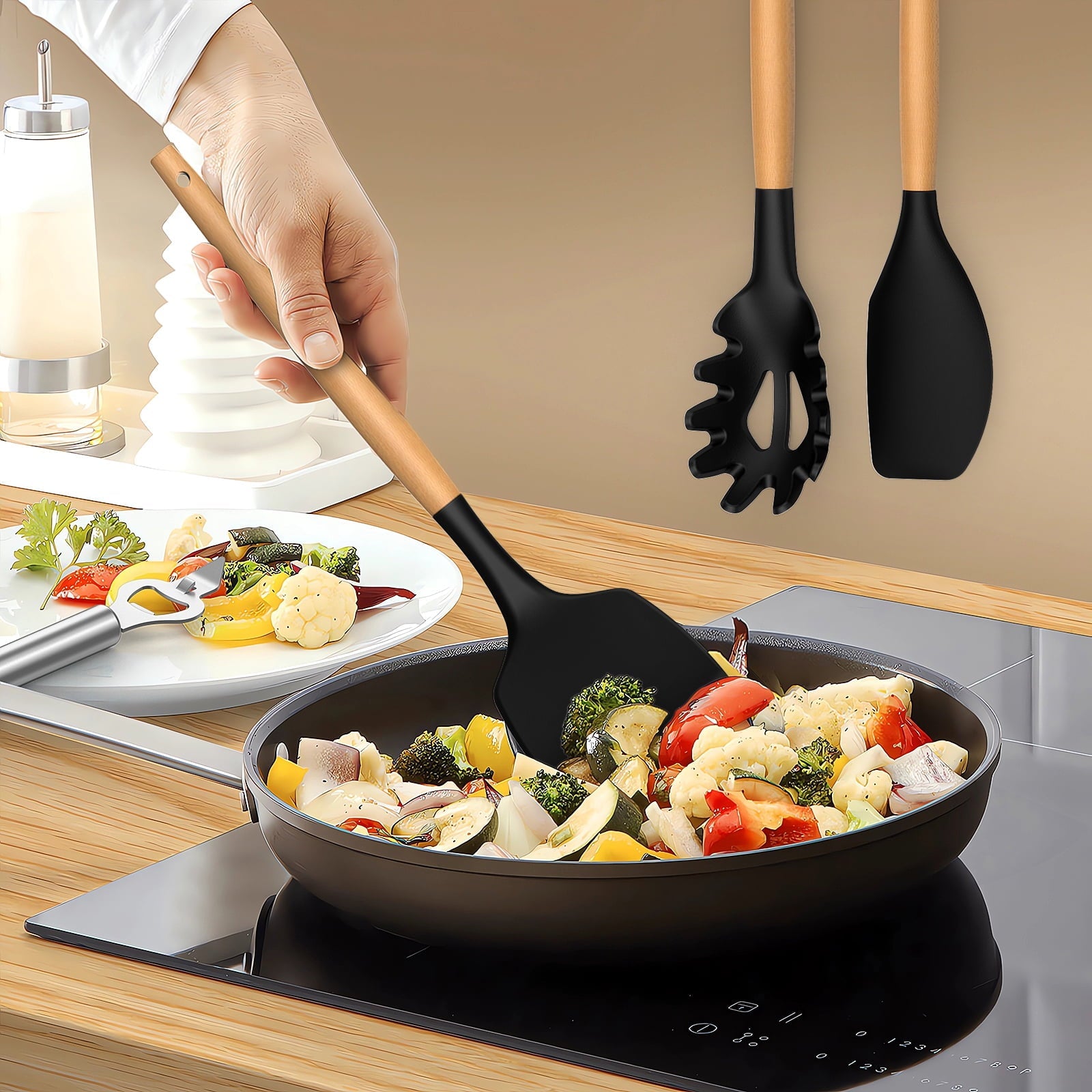 Time-Saving Silicone Cooking Utensils Set - Silicone Kitchen Utensils for Cooking Wooden Handles, 446°F Heat Resistant Kitchen Ut... - Multi-Functional Manual Food Chopper & Slicer Detail