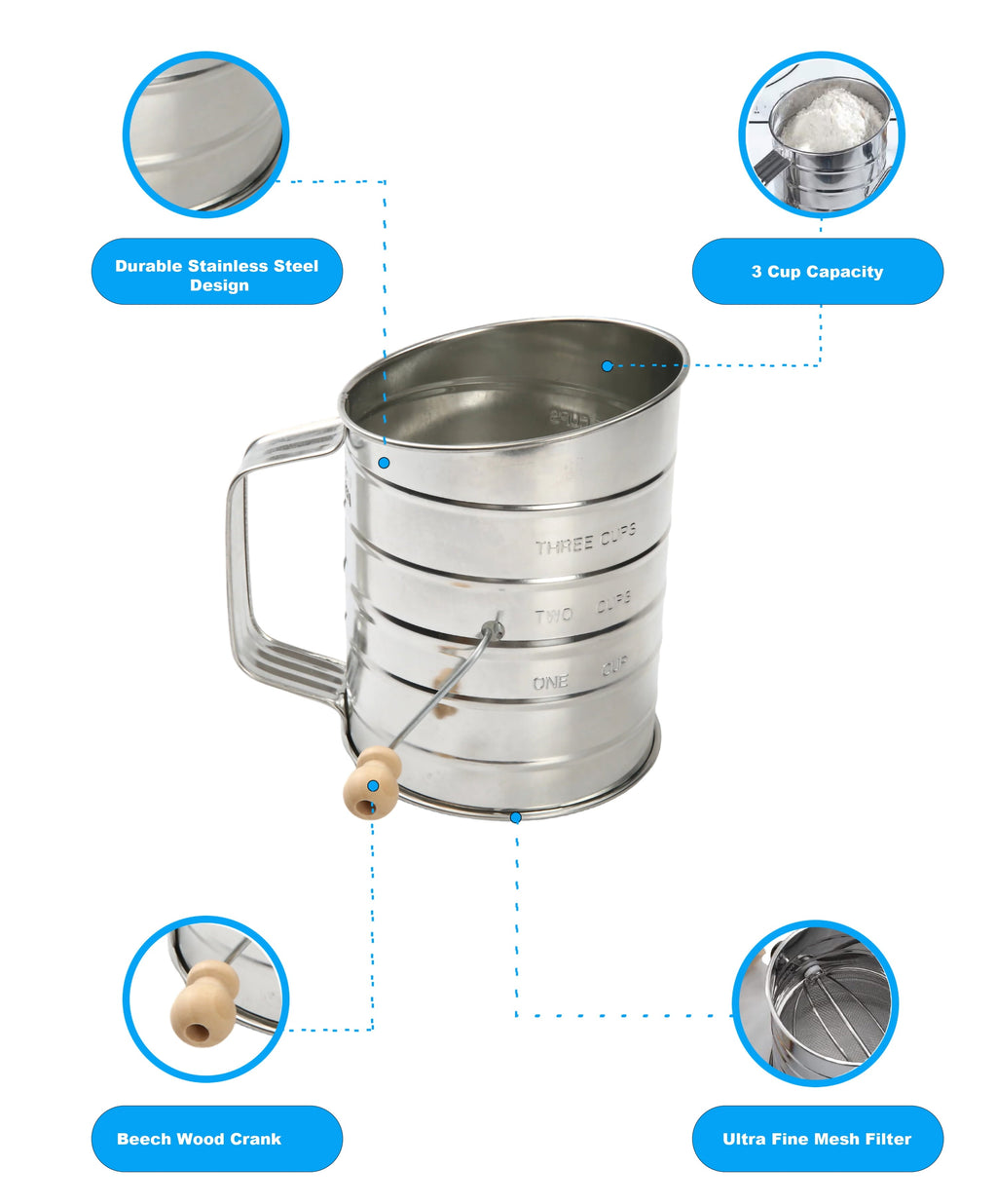 Multi-Functional Stainless Steel 3 Cup Flour Hand-Crank Sifter with Beechwood Handle Silver - Multi-Functional Manual Food Chopper & Slicer Detail