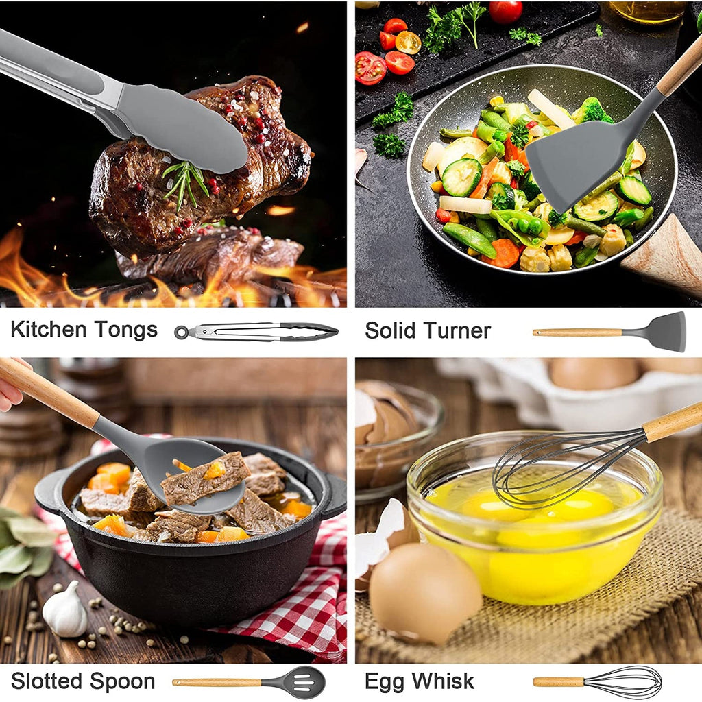 Heat-Resistant Silicone Cooking Utensils Set, 446°F Heat Resistant Wooden Handle Cooking Kitchen Utensils Spatula Set with Holder fo... - Durable Turner & Ladle Utensil Set for Home Chefs Detail