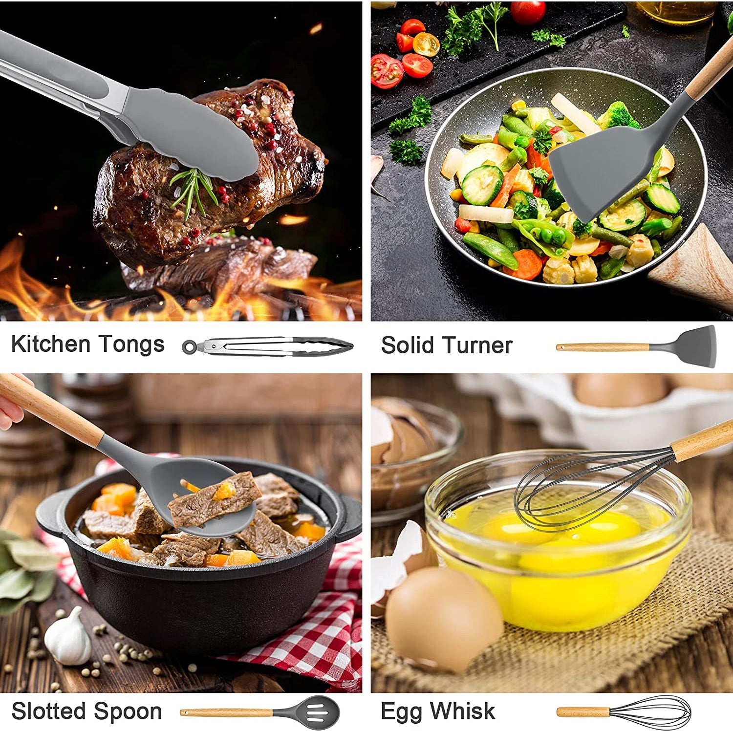Heat-Resistant Silicone Cooking Utensils Set, 446°F Heat Resistant Wooden Handle Cooking Kitchen Utensils Spatula Set with Holder fo... - Durable Turner & Ladle Utensil Set for Home Chefs Detail