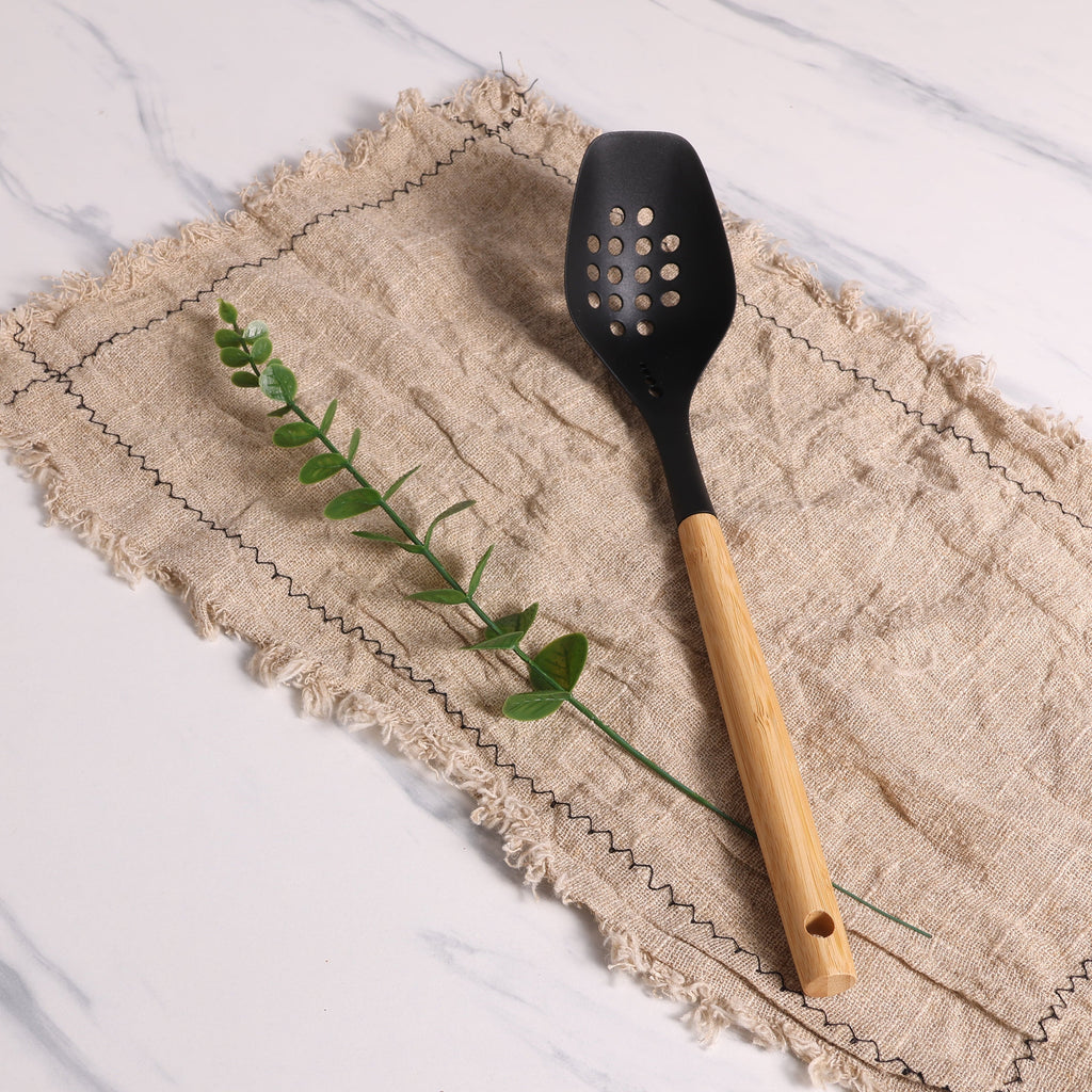 Heavy Duty Cooking Spoon with Bamboo Handle, 12.6"2.7", & Bamboo, Black - High-Precision Culinary Tool for Baking & Cooking Detail