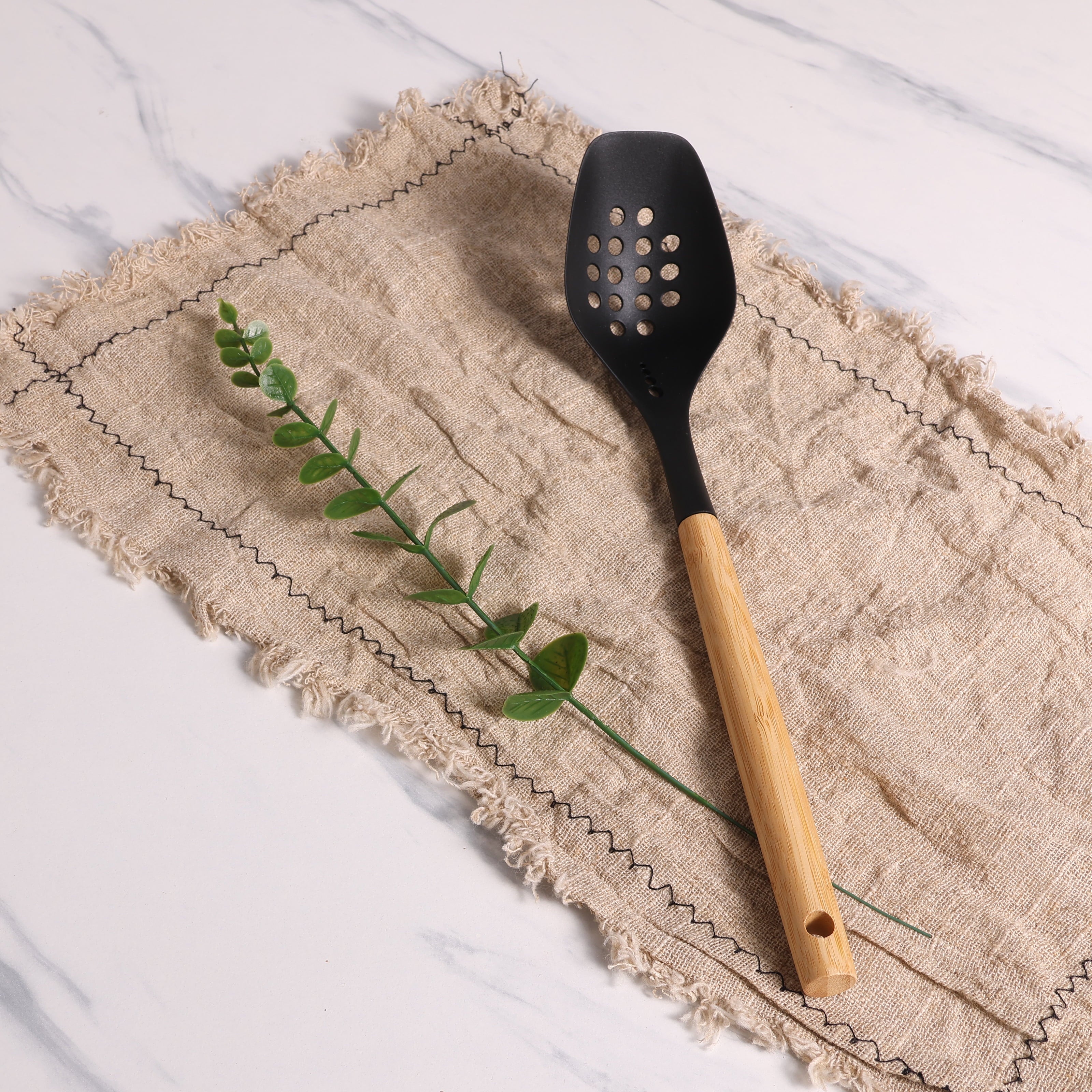 Heavy Duty Cooking Spoon with Bamboo Handle, 12.6"2.7", & Bamboo, Black - High-Precision Culinary Tool for Baking & Cooking Detail