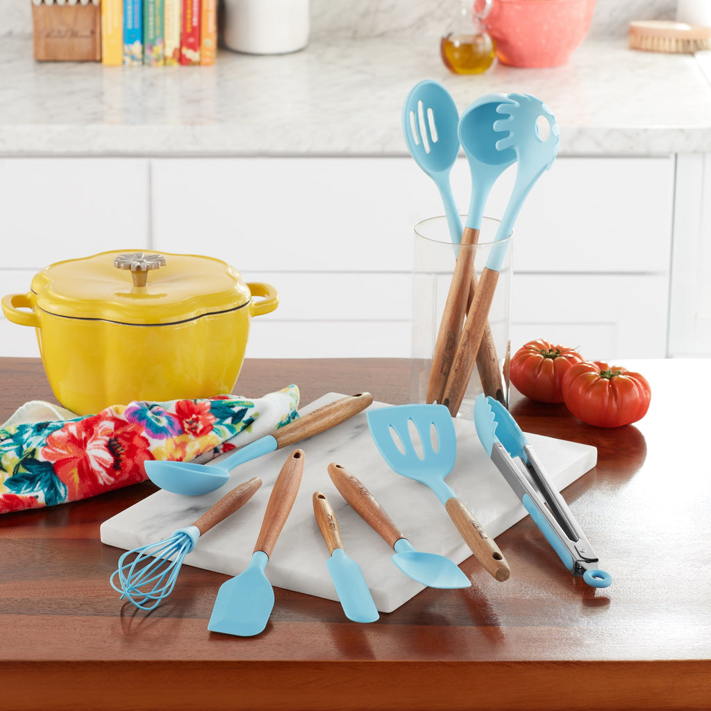 Durable Steel 10-Piece Silicone and Acacia Wood Handle Cooking Utensils Set, Blue - Heavy Duty Stainless Steel Kitchen Shears Detail