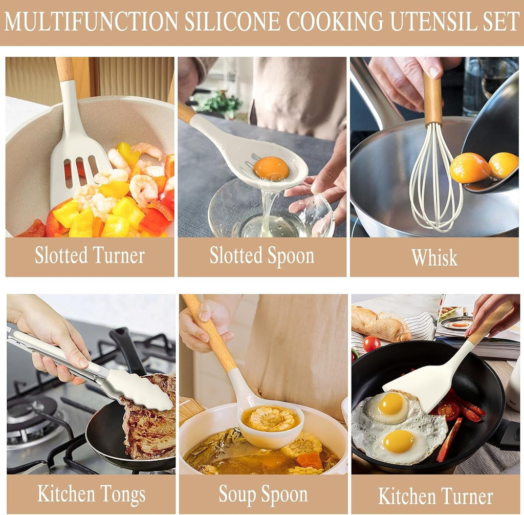 Seamless One-Piece Kitchen Cooking Utensils Set, 33 pcs Non-stick Silicone Cooking Kitchen Utensils Spatula Set with Holder, Wooden Hand... - Ergonomic Kitchen Tongs and Cooking Spoon Utensil Detail