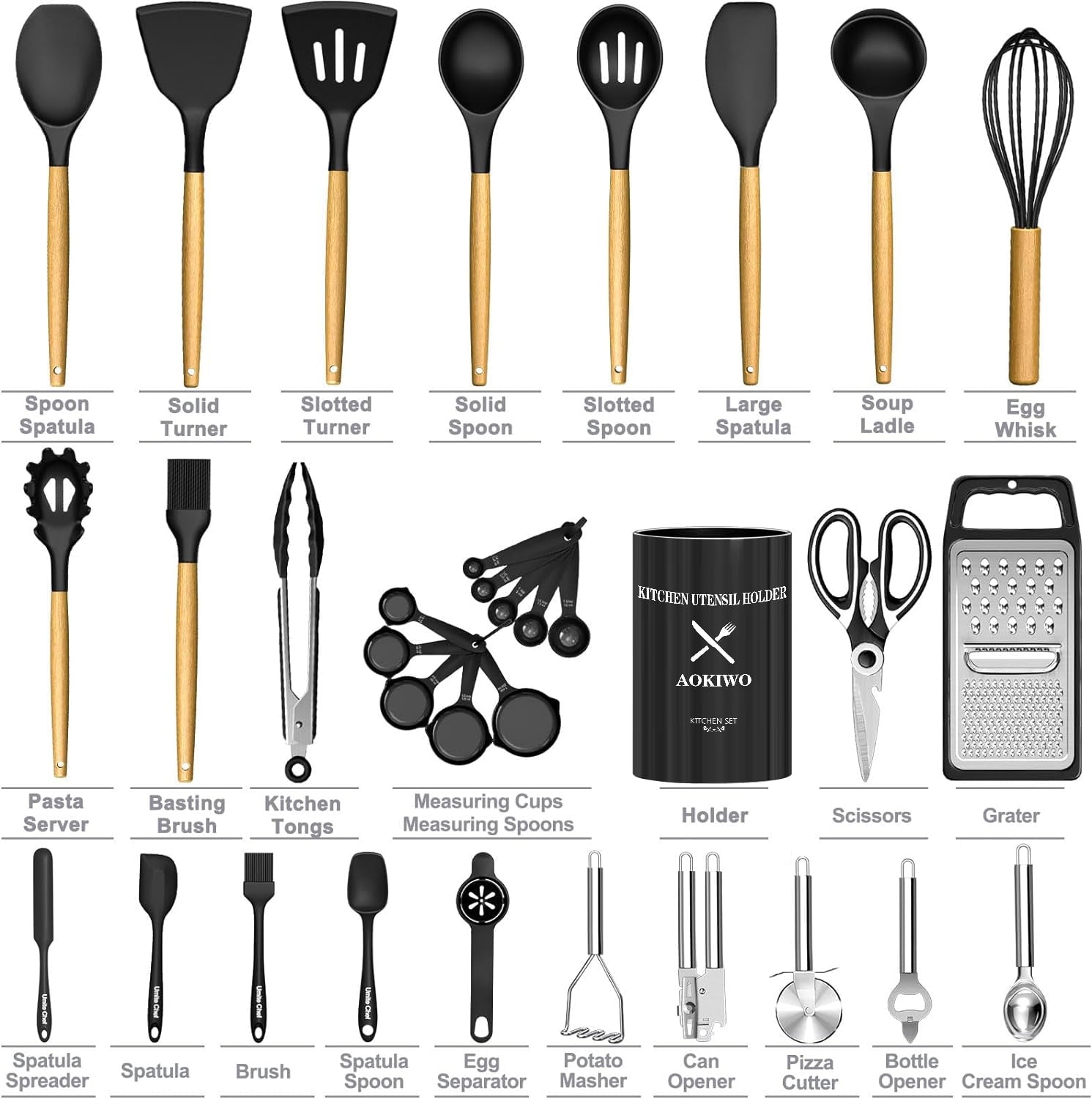 High-Precision Kitchen Utensil Set, 34Pieces Silicone Cooking Utensil Set with Wooden Handle, Heat Resistant Spatula Set Gadg... - Multi-Purpose Hand Tool for Daily Meal Prep Detail