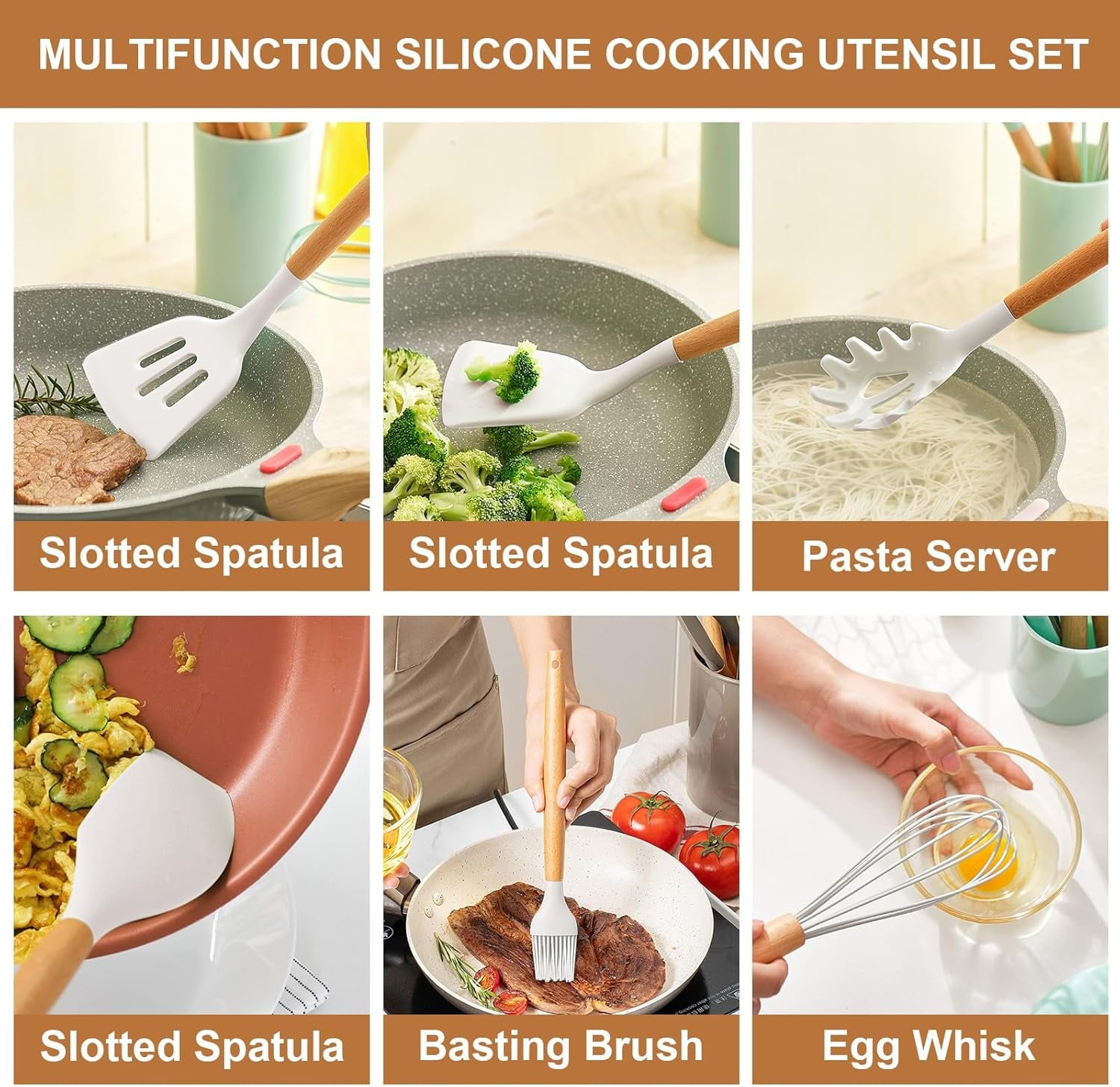 Non-Stick Safe Cooking Utensils Set, 12 packs Non-Stick Silicone Cooking Kitchen Utensils Spatula Set with Wooden Handles and... - Premium Stainless Steel Cooking Utensil for Non-Stick Pots Detail