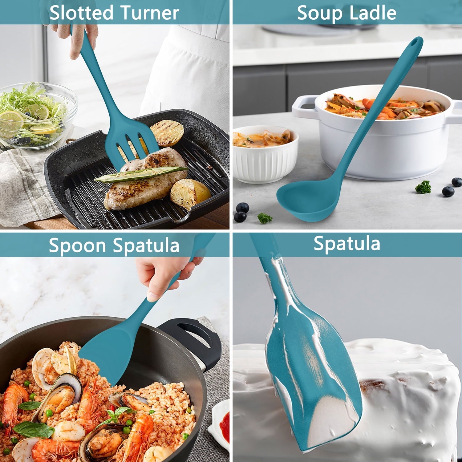 Seamless One-Piece 7-Piece Silicone Cooking Utensils Set, Blue Kitchen Utensils, Non-stick Gadgets Tools Include Slotted Turner, Soup La... - Heat-Resistant Silicone Cooking Spatula Turner Detail