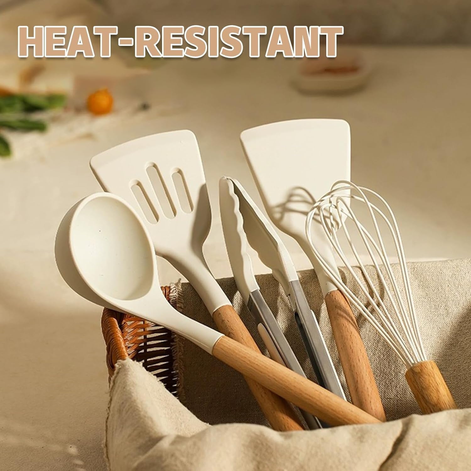 Seamless One-Piece Kitchen Cooking Utensils Set, 33 pcs Non-stick Silicone Cooking Kitchen Utensils Spatula Set with Holder, Wooden Hand... - Ergonomic Kitchen Tongs and Cooking Spoon Utensil Detail