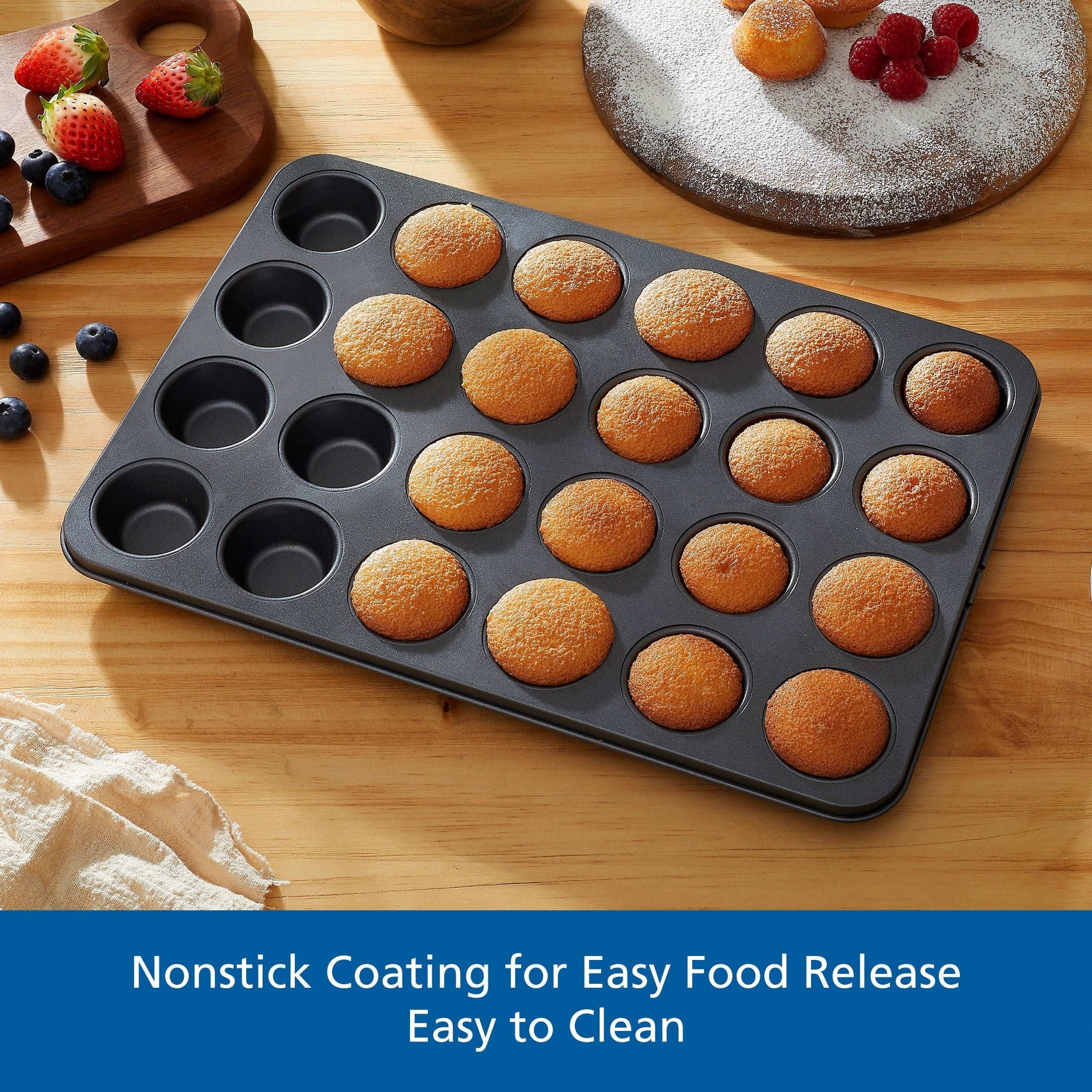 Premium Kitchen 24 Cavity Mini Muffin Pan, Non-Stick Bakeware,1.8 inch Diameter Cups,Gray,Carbon Steel - Kitchen Gadget Tool for Quick Food Prep Detail